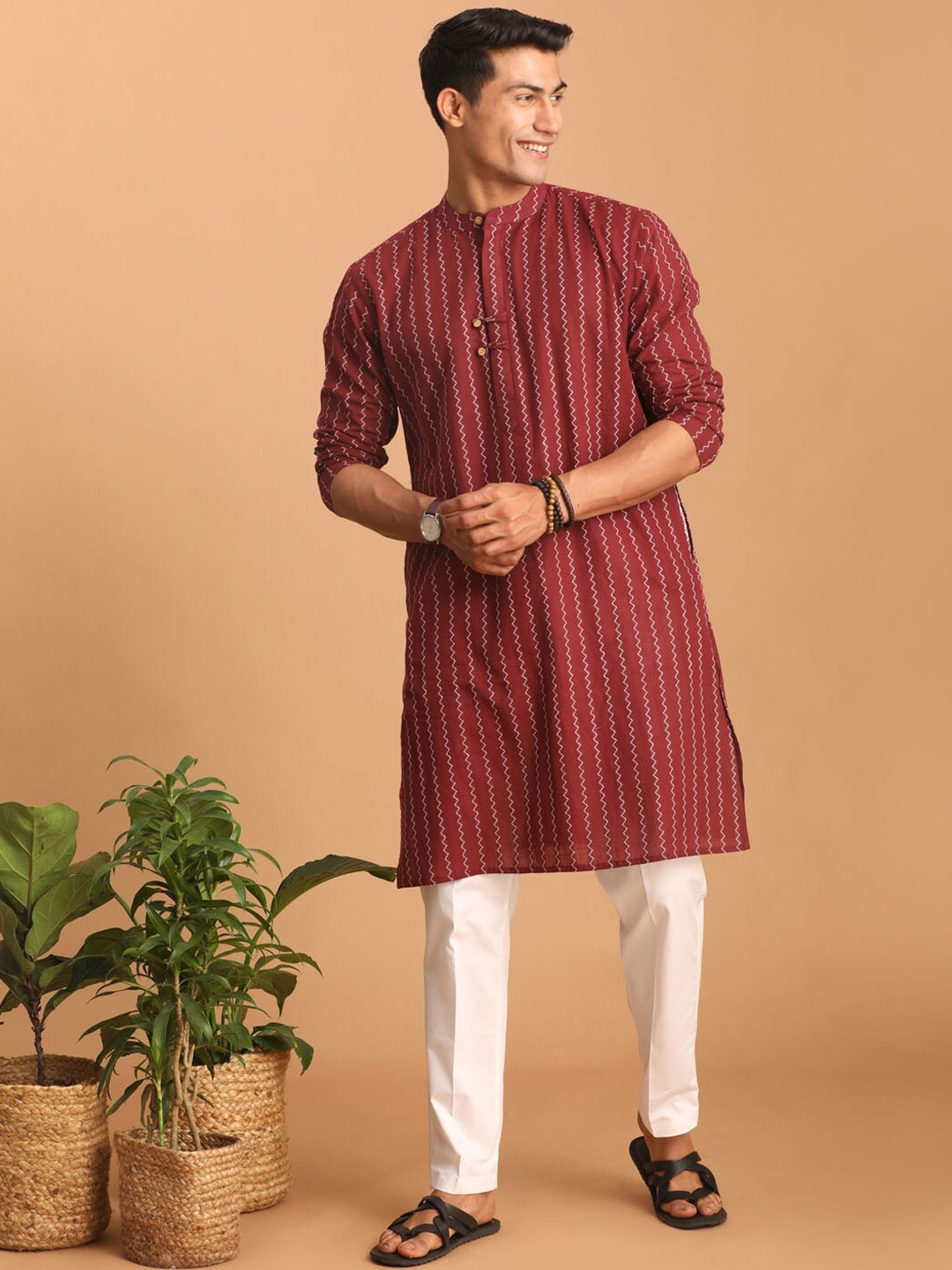 

VASTRAMAY Woven Design Band Collar Pure Cotton Sustainable Kurta With Trousers, Maroon