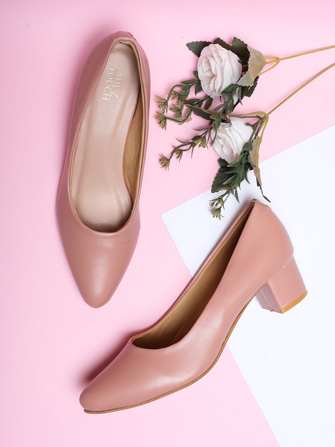 

SHUZ TOUCH Pointed Toe Block Heels Pumps, Peach