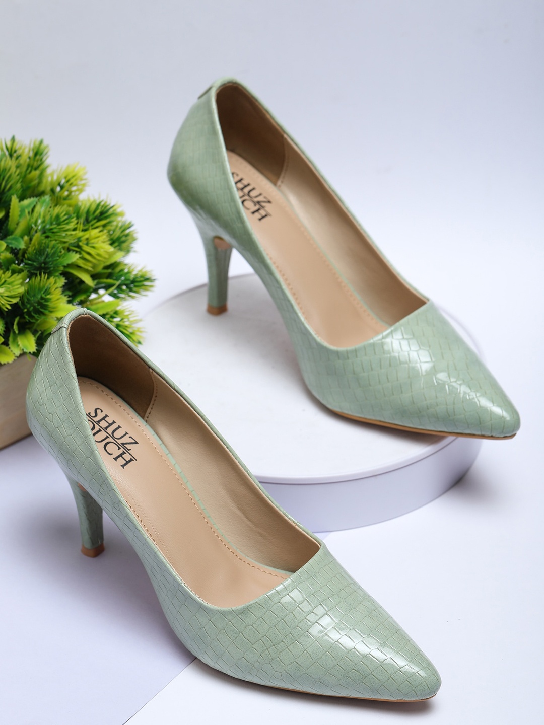 

SHUZ TOUCH Textured Slim Heels Pumps, Sea green