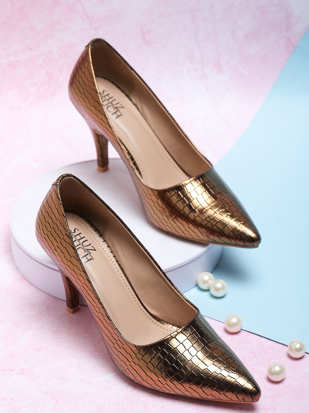 

SHUZ TOUCH Textured Slim Heels Pumps, Copper