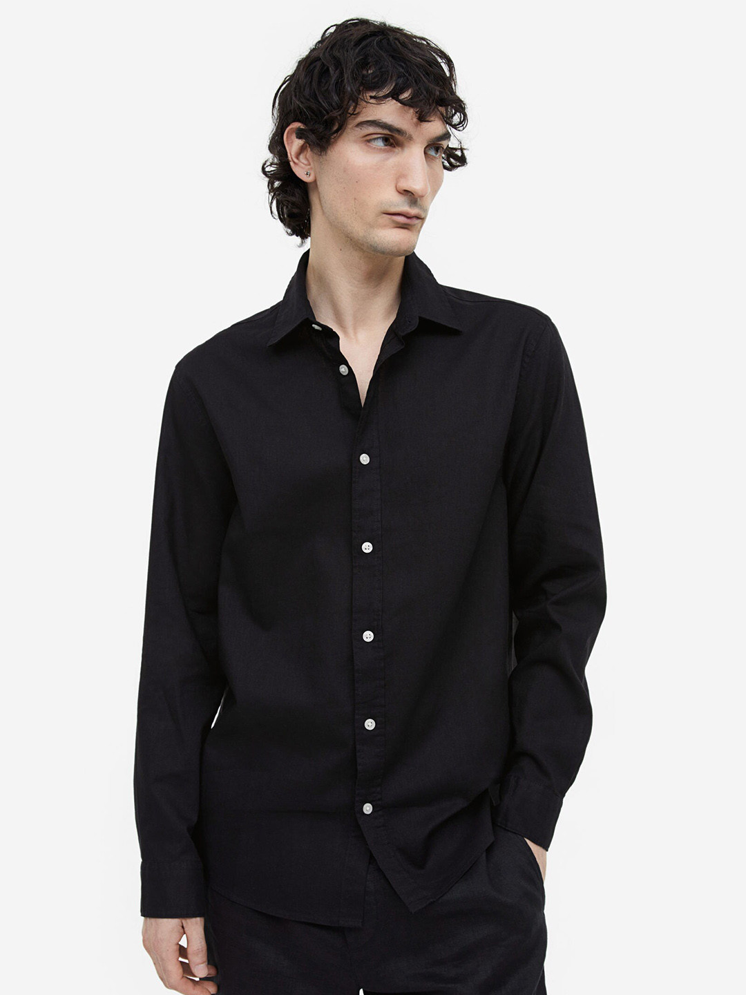 

H&M Regular Fit Linen-Blend Shirt, Black