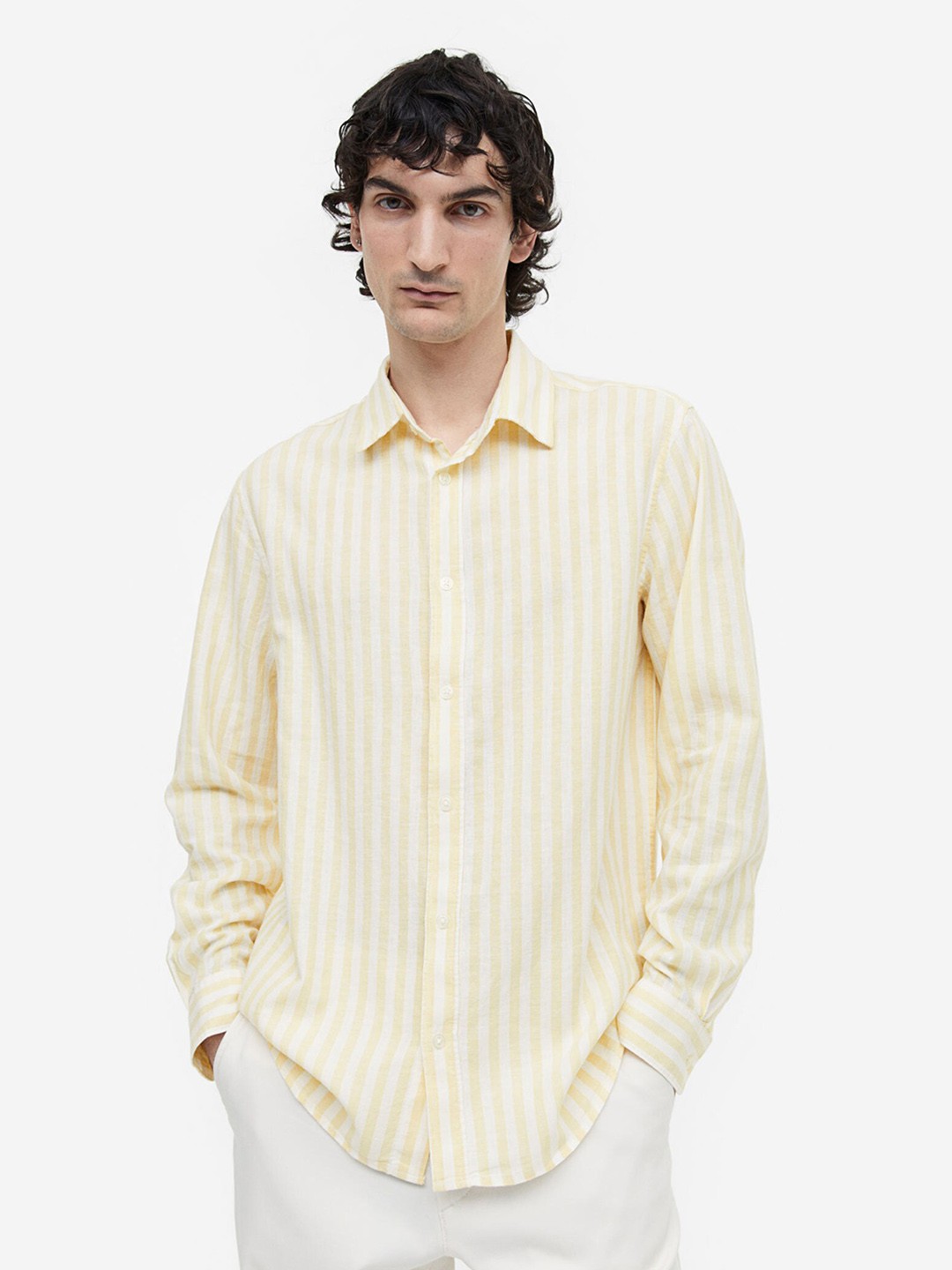 

H&M Regular Fit Linen-Blend Shirt, Yellow