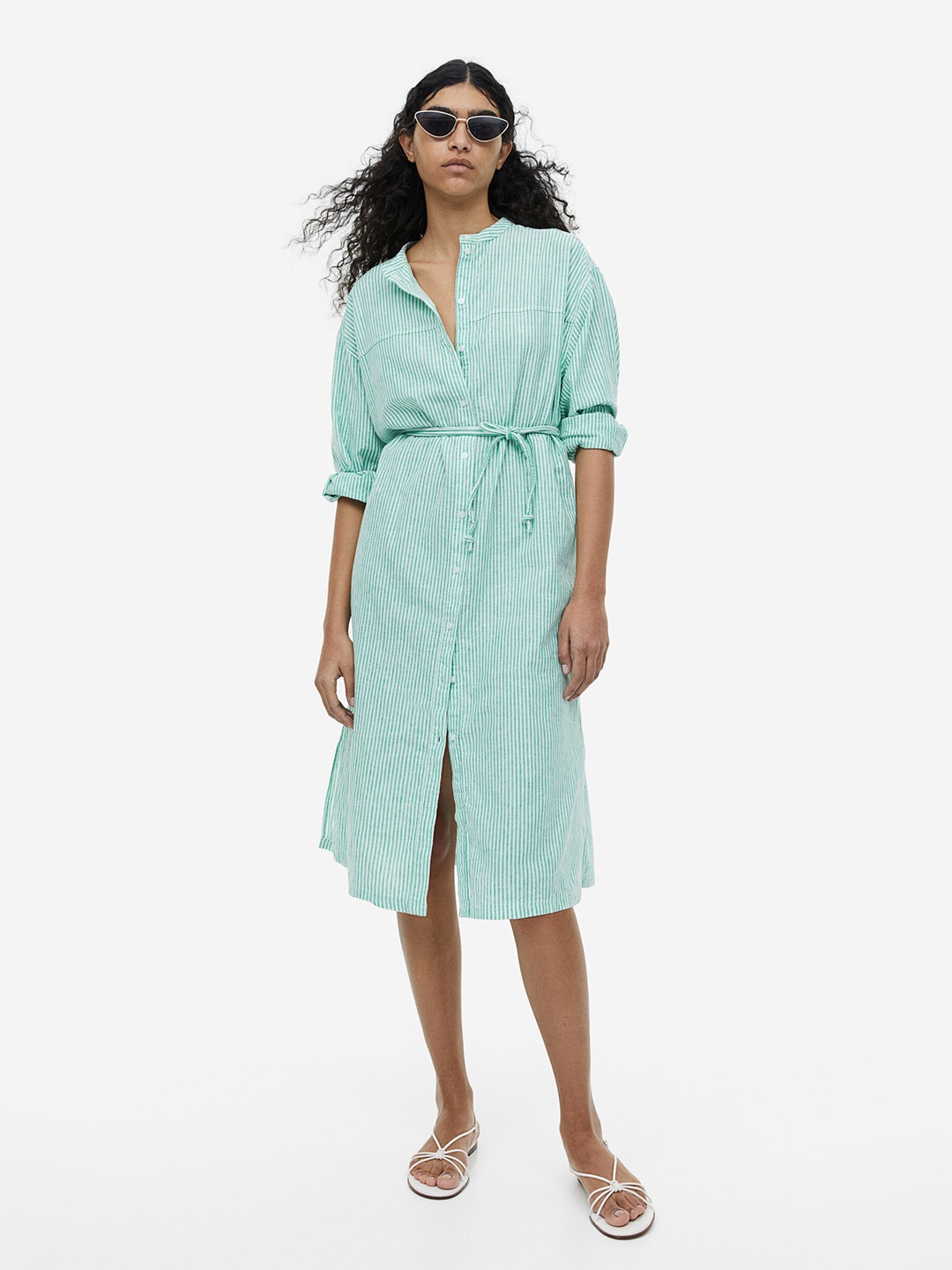 

H&M Linen-Blend Shirt Dress, Green