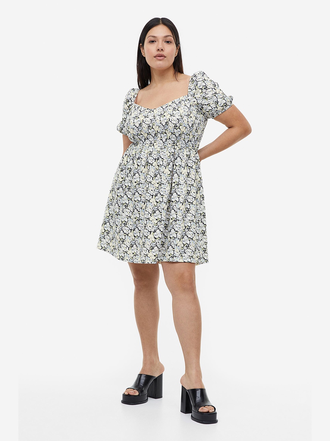 

H&M Puff-Sleeved Textured Jersey Dress, Blue