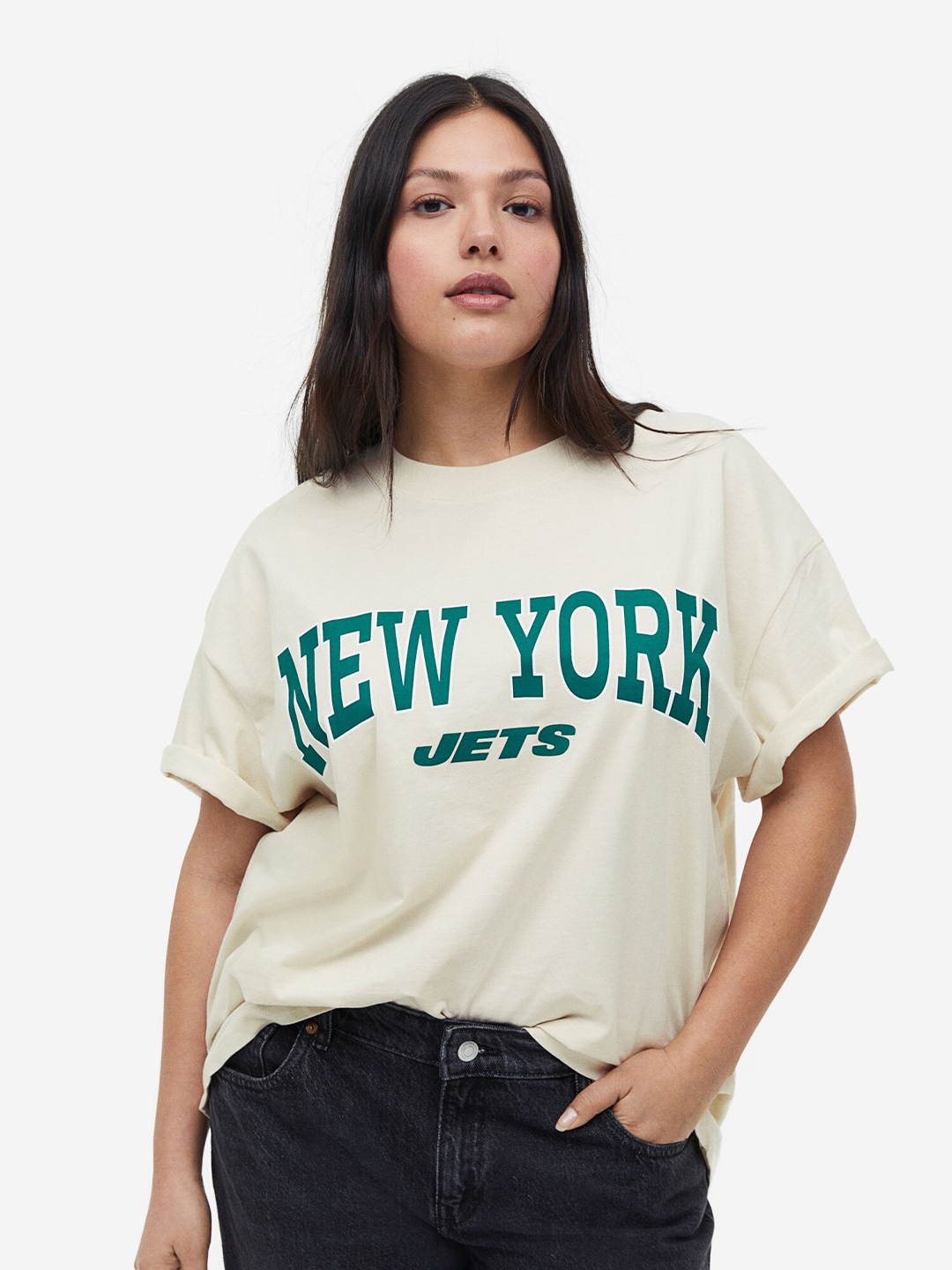H&M Oversized Printed Pure Cotton T-shirt, White