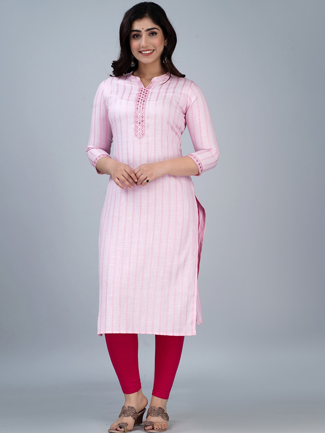 

NITVAN Mandarin Collar Striped Mirror Work Screen Print Cotton Kurta, Pink