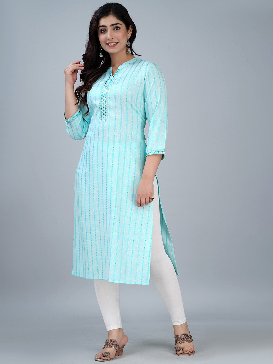 

NITVAN Mandarin Collar Striped Mirror Work Screen Print Cotton Kurta, Blue