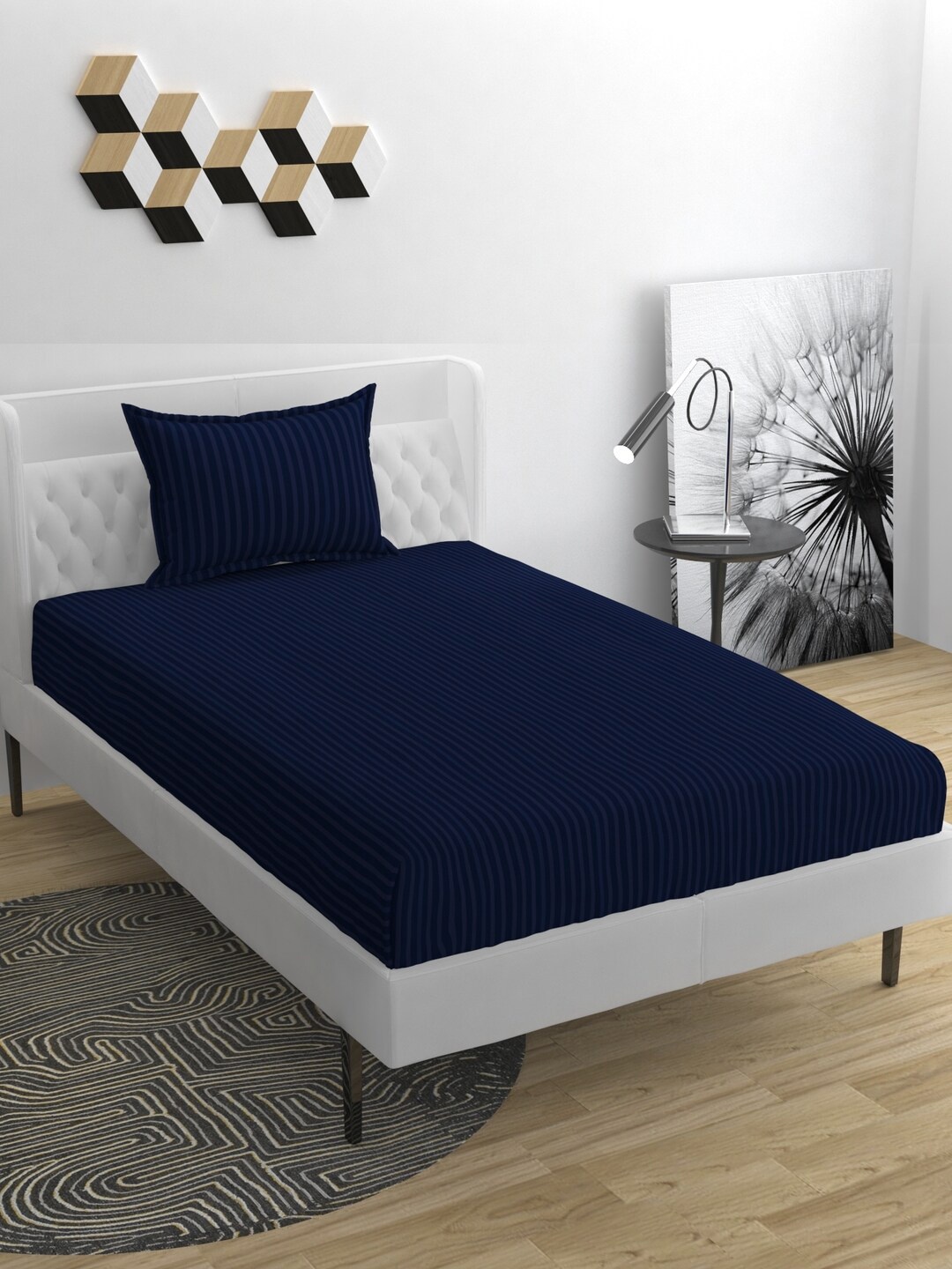 

BELVOSTUM Navy Blue Striped 220 TC Single Bedsheet & Pillow Cover