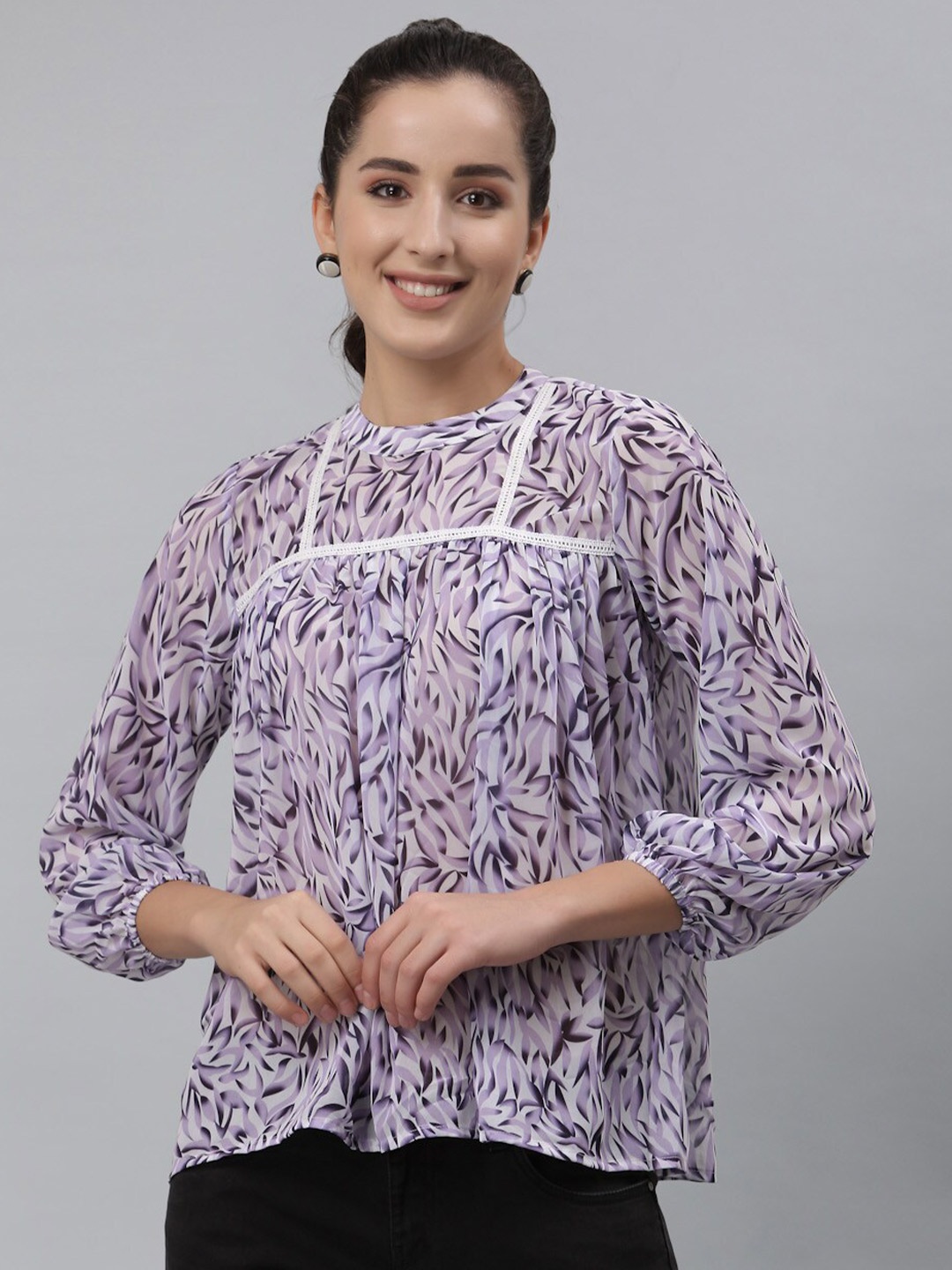 

Selvia Abstract Printed Puff Sleeves Lace-up A-line Top, Lavender