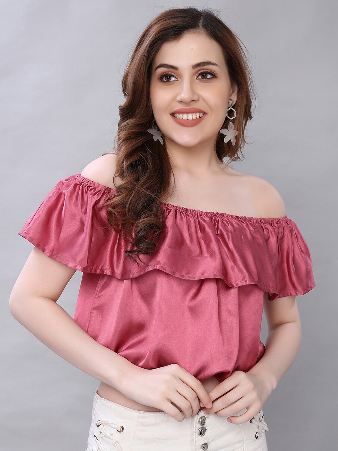 

Selvia Off-Shoulder Cape Sleeves Bardot Crop Top, Pink