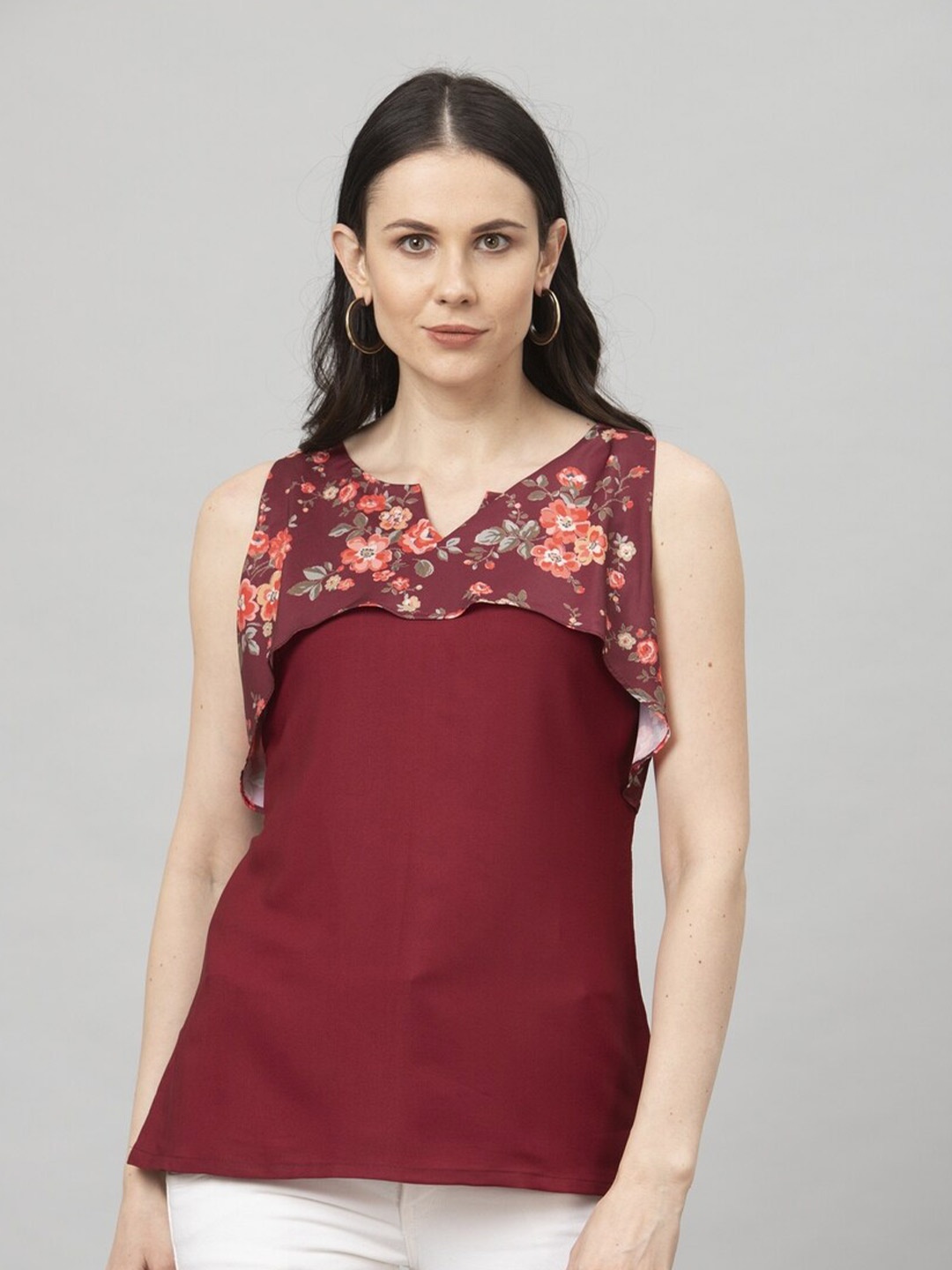 

Selvia Notched Neck Sleeveless Layered Crepe Top, Maroon