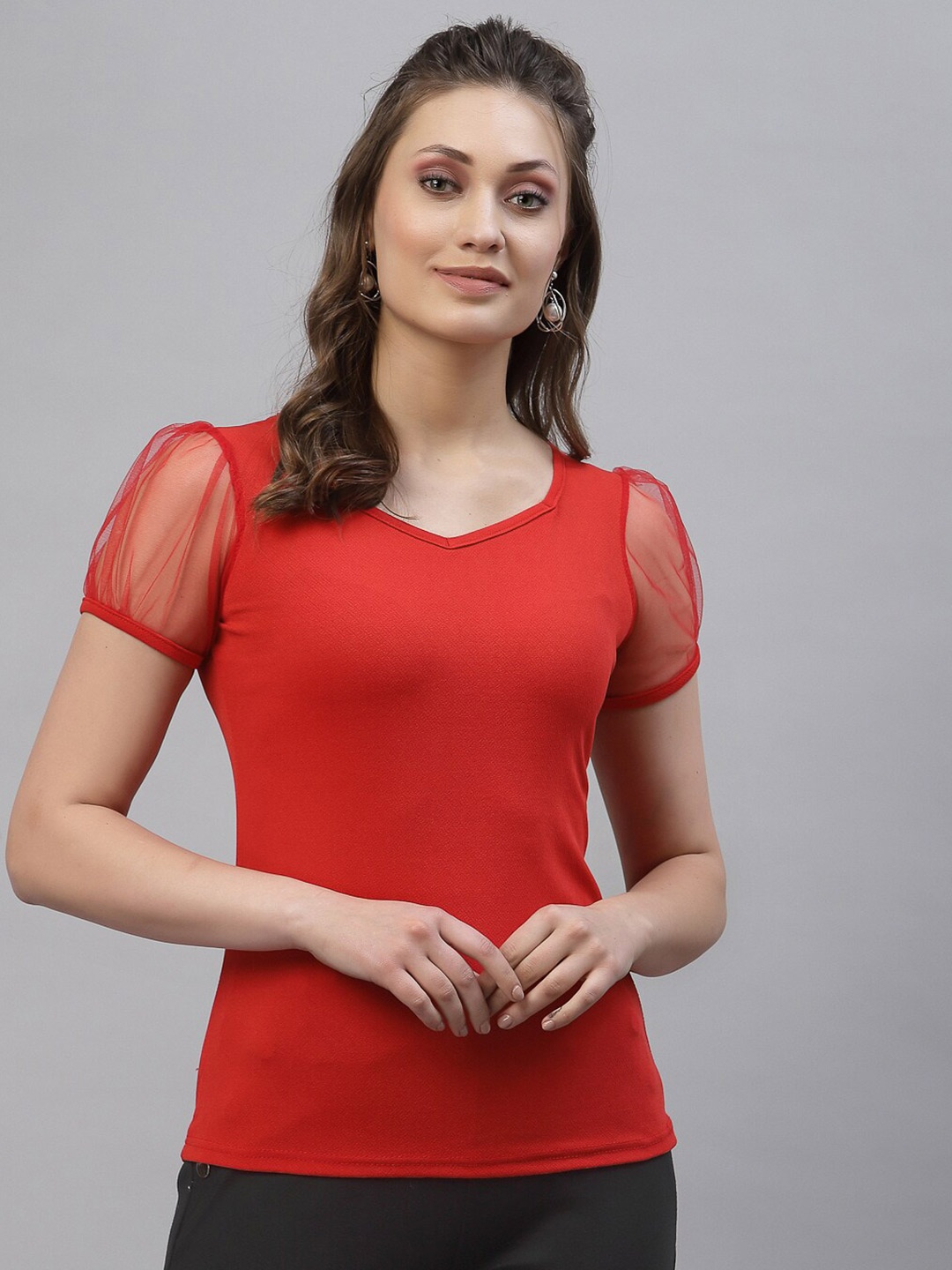 

Selvia Puff Sleeves Sweetheart Neck Fitted Top, Red