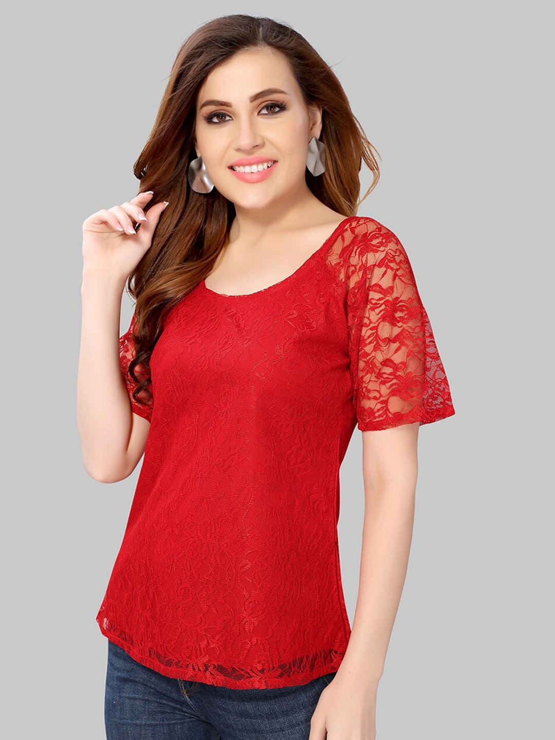 

Selvia Self Design Raglon Sleeves Semi Sheer Net Top, Red
