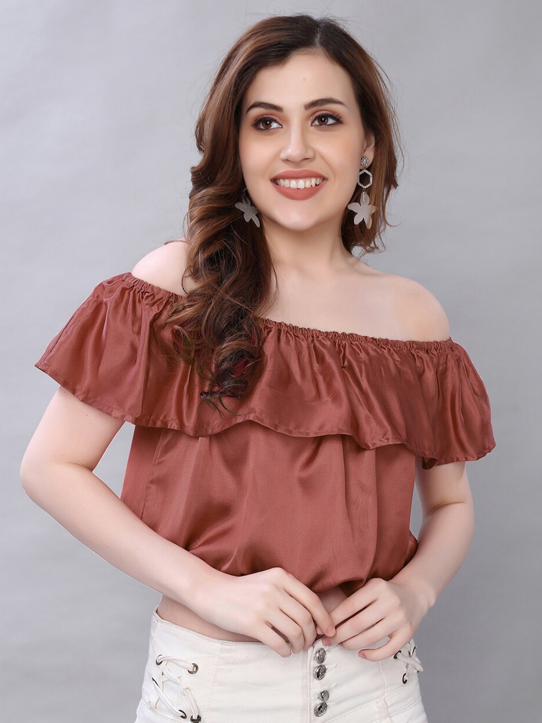 

Selvia Off-Shoulder Cape Sleeves Bardot Crop Top, Brown