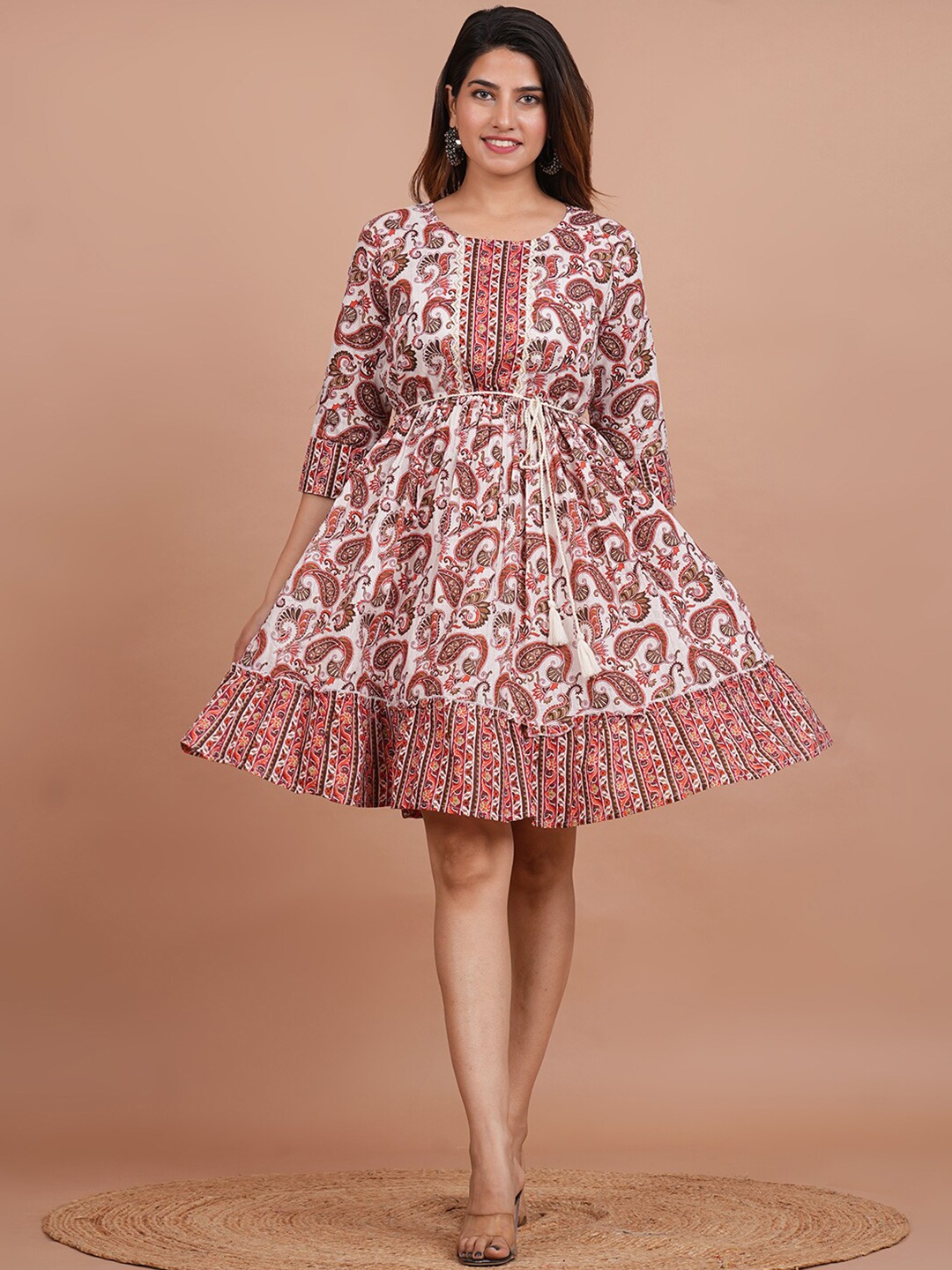

FERANOID Ethnic Motifs Printed Tiered Fit & Flare Ethnic Dress, White