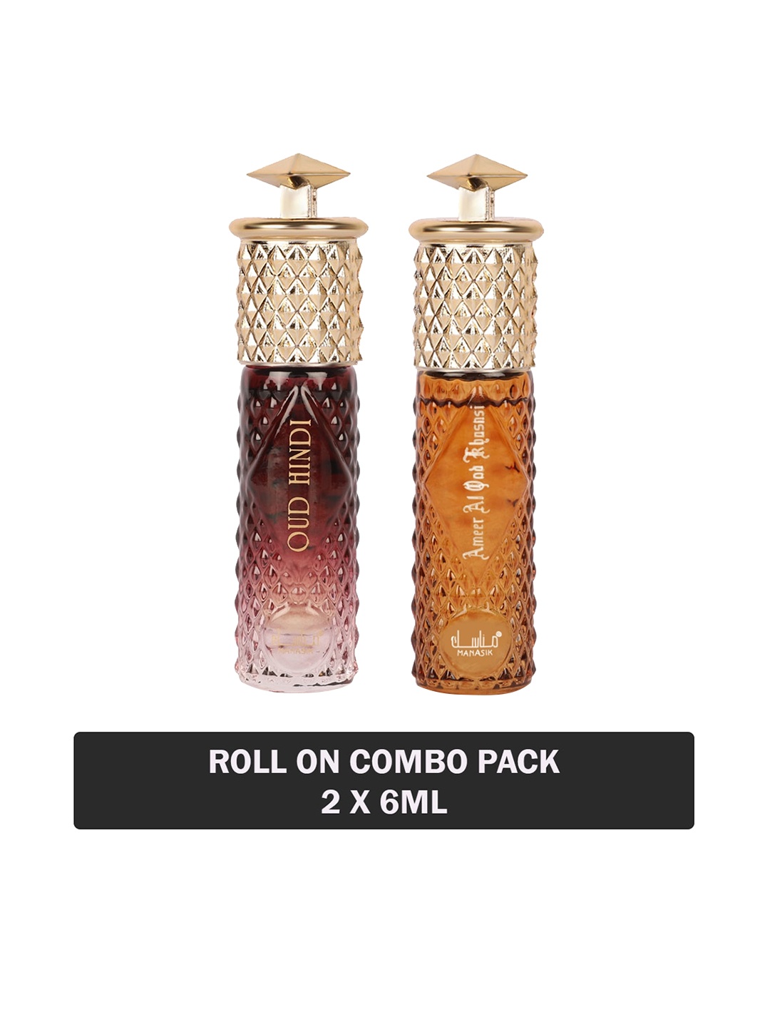 

MANASIK Set Of 2 Long Lasting Attars - 6 ml Each - Oud Hindi & Ameer Al Oud Khusnsi, Brown