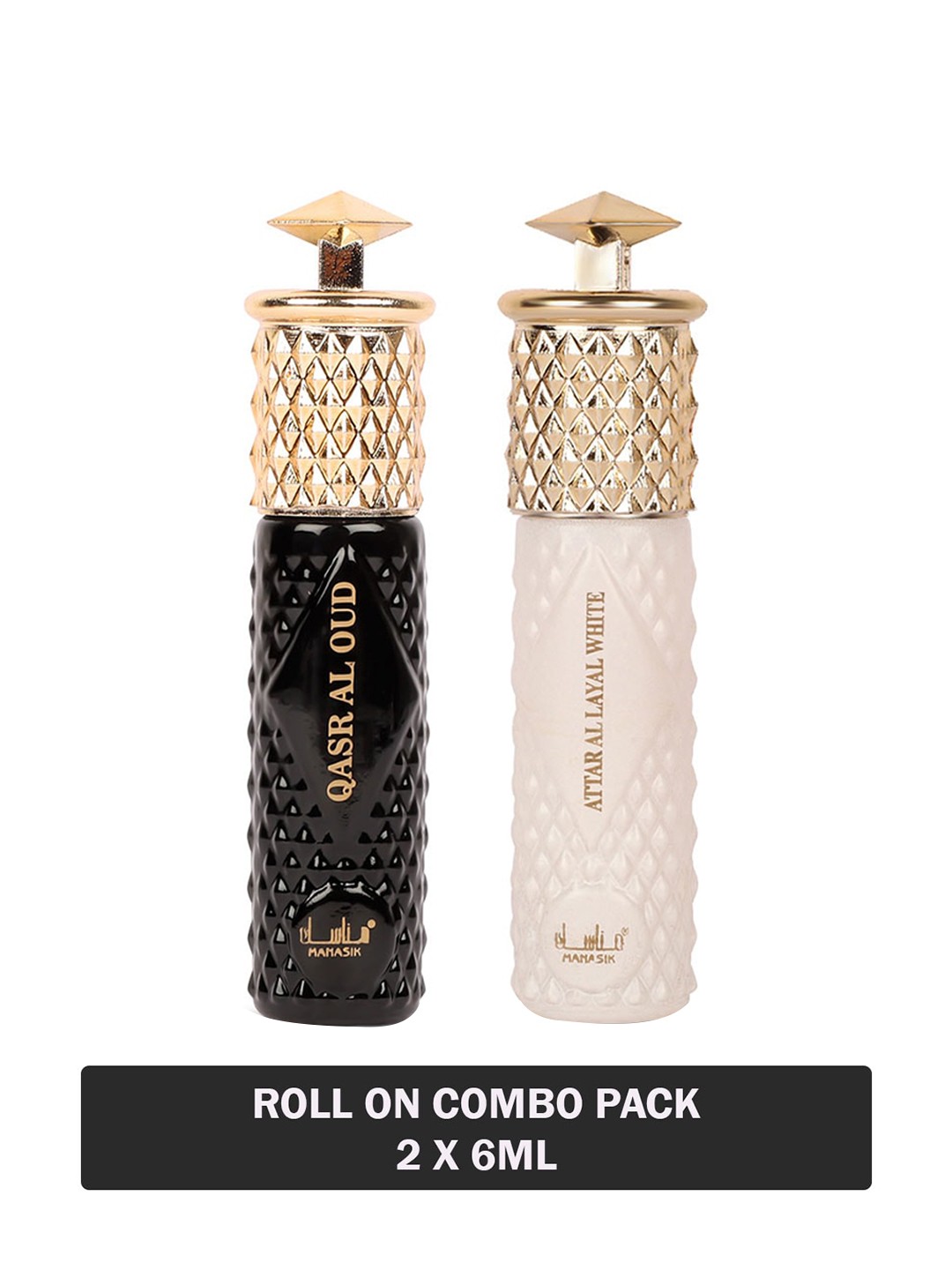 

MANASIK Set of Qasr Al Oud & Al Layal White Long Lasting Attars - 6 ml Each, Black