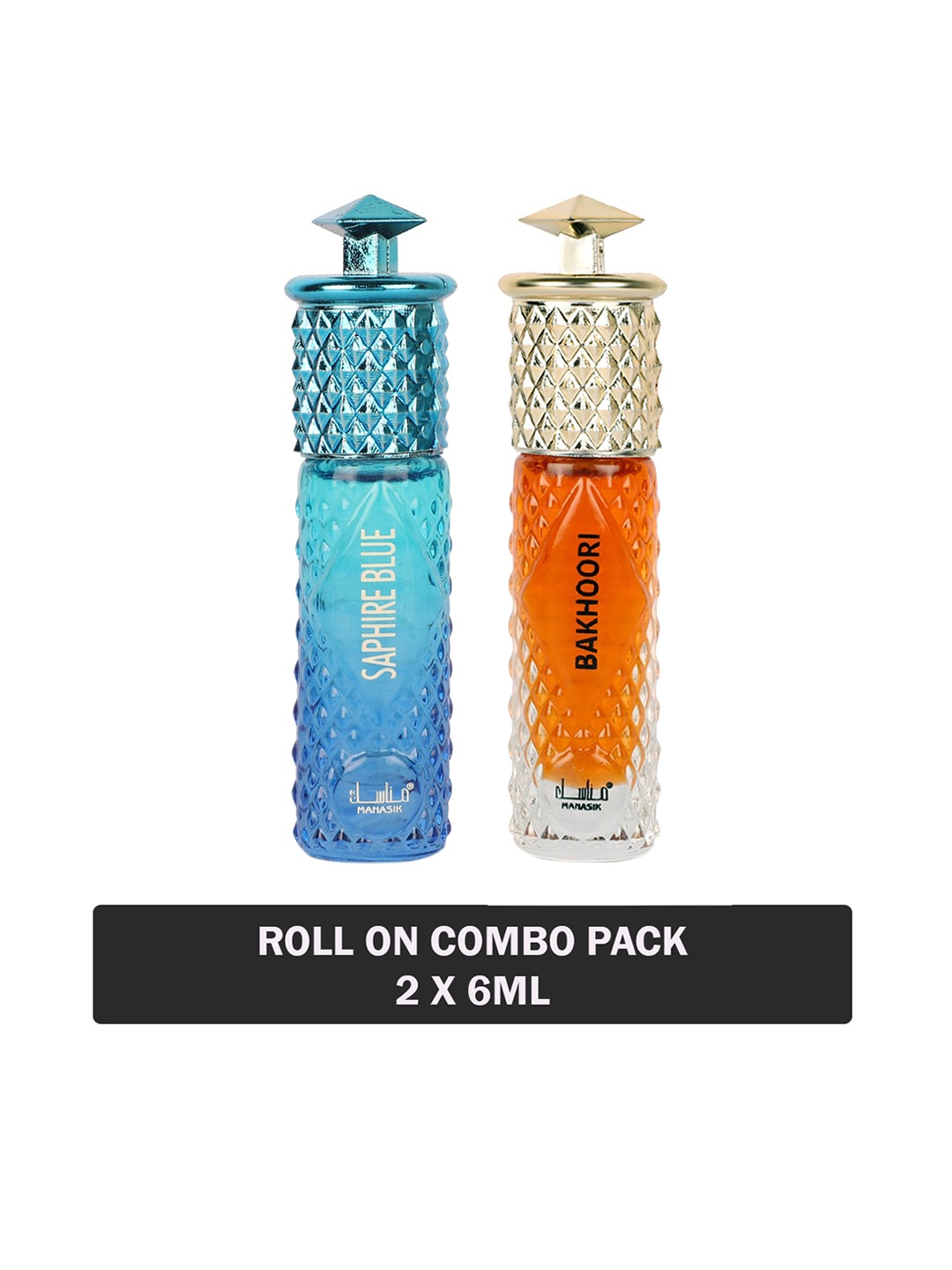

MANASIK Men Set of Saphire Blue & Bakhoori Long Lasting Attars - 6 ml Each
