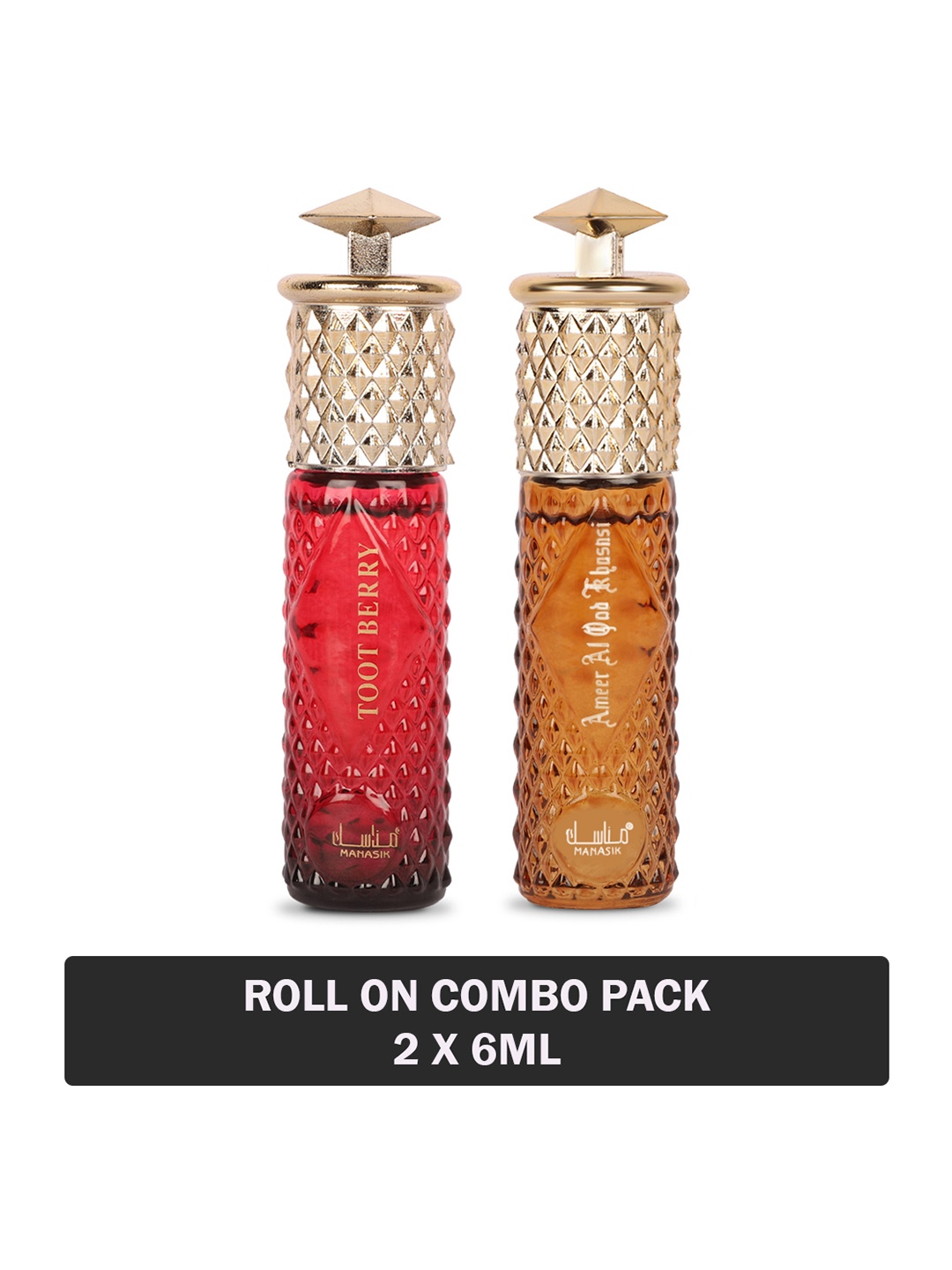 

MANASIK Set Of 2 Long Lasting Attars - 6 ml Each - Toot Berry & Ameer Al Oud Khusnsi, Red