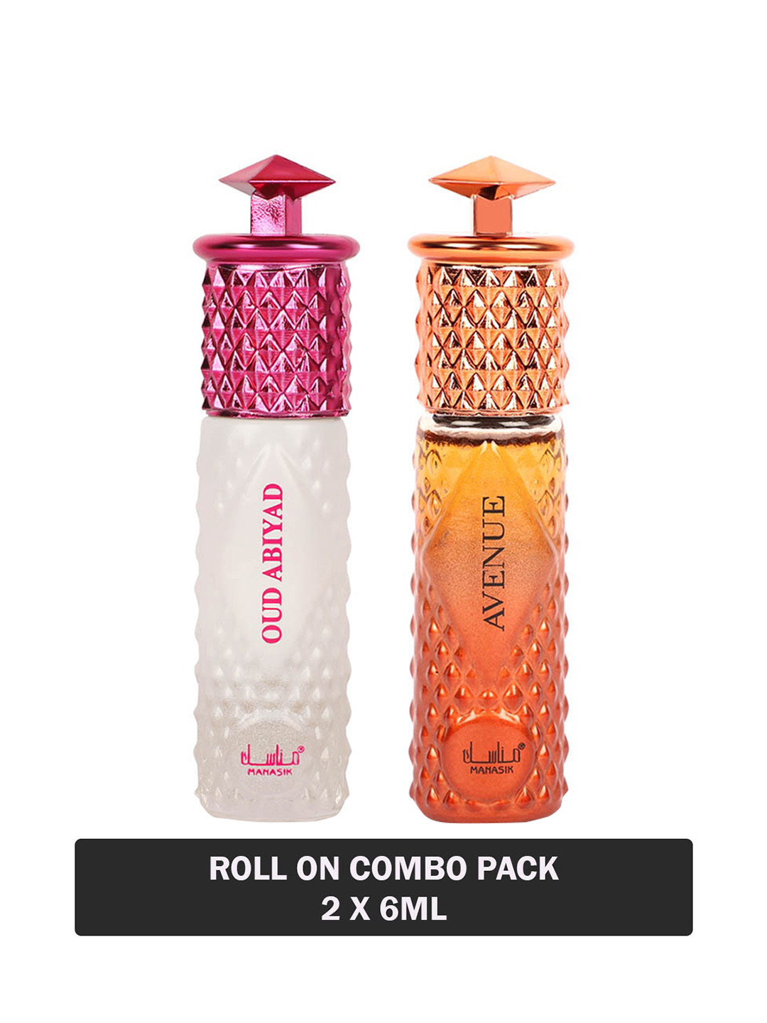 

MANASIK Set Of 2 Long Lasting Attars - 6 ml Each - Oud Abiyad & Avenue, Orange