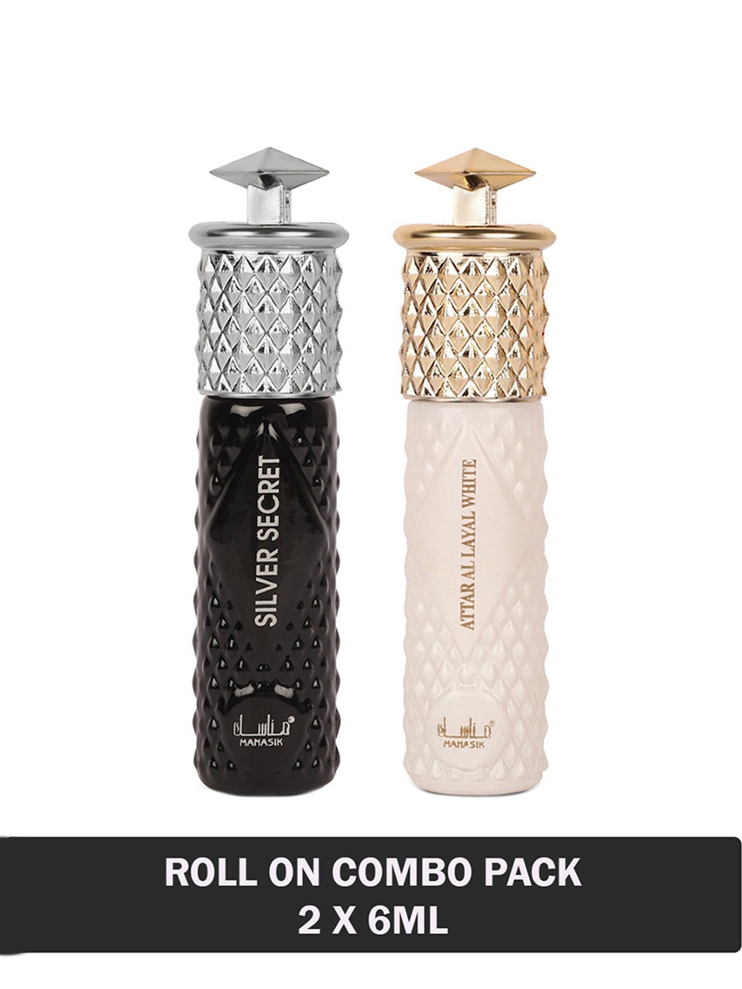 

MANASIK Set Of 2 Long Lasting Attars - 6 ml Each - Silver Secret & Al Layal White, Black