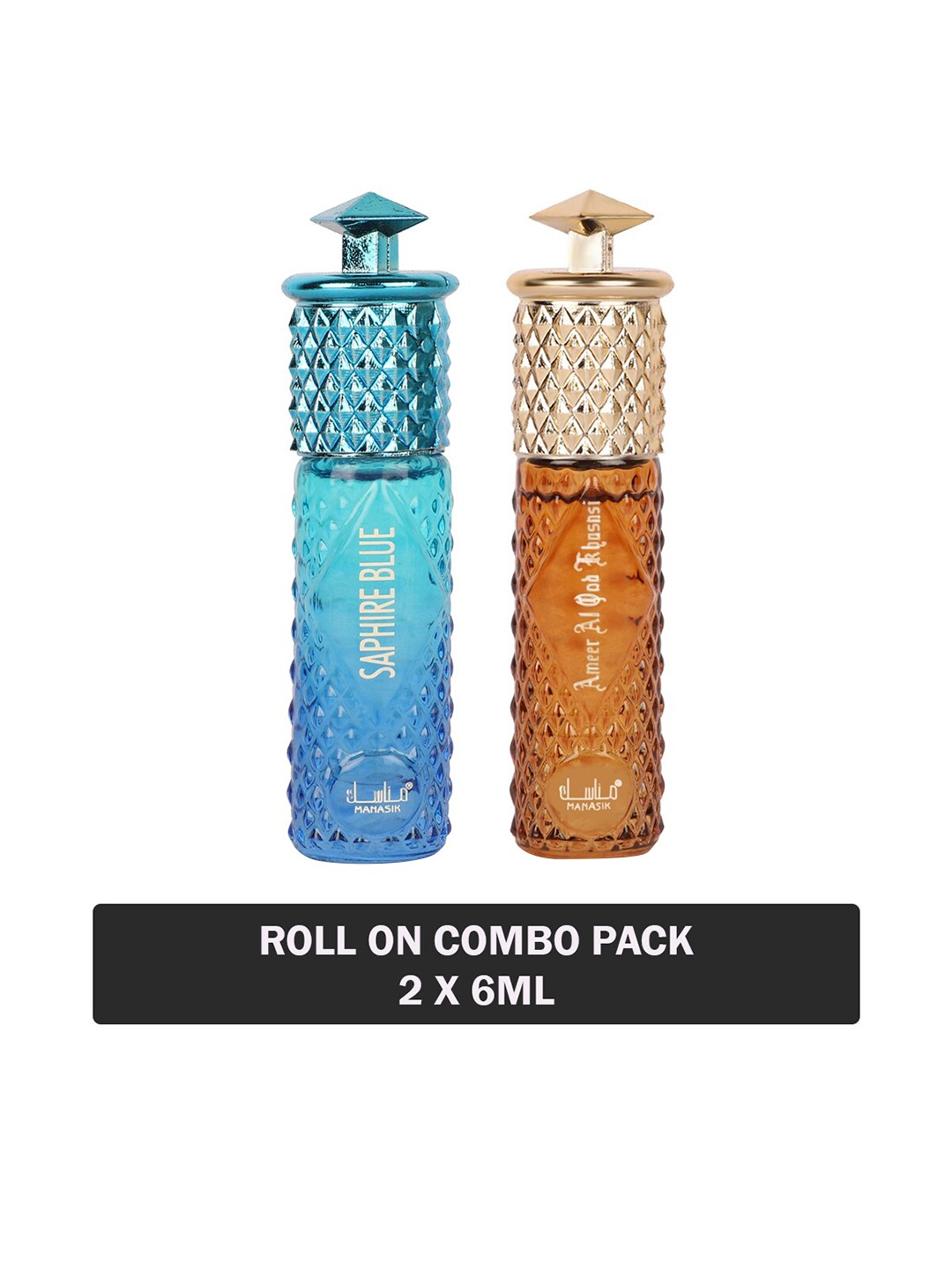 

MANASIK Set Of 2 Long Lasting Attars - 6 ml Each - Saphire Blue & Ameer Al Oud Khusnsi, Multi