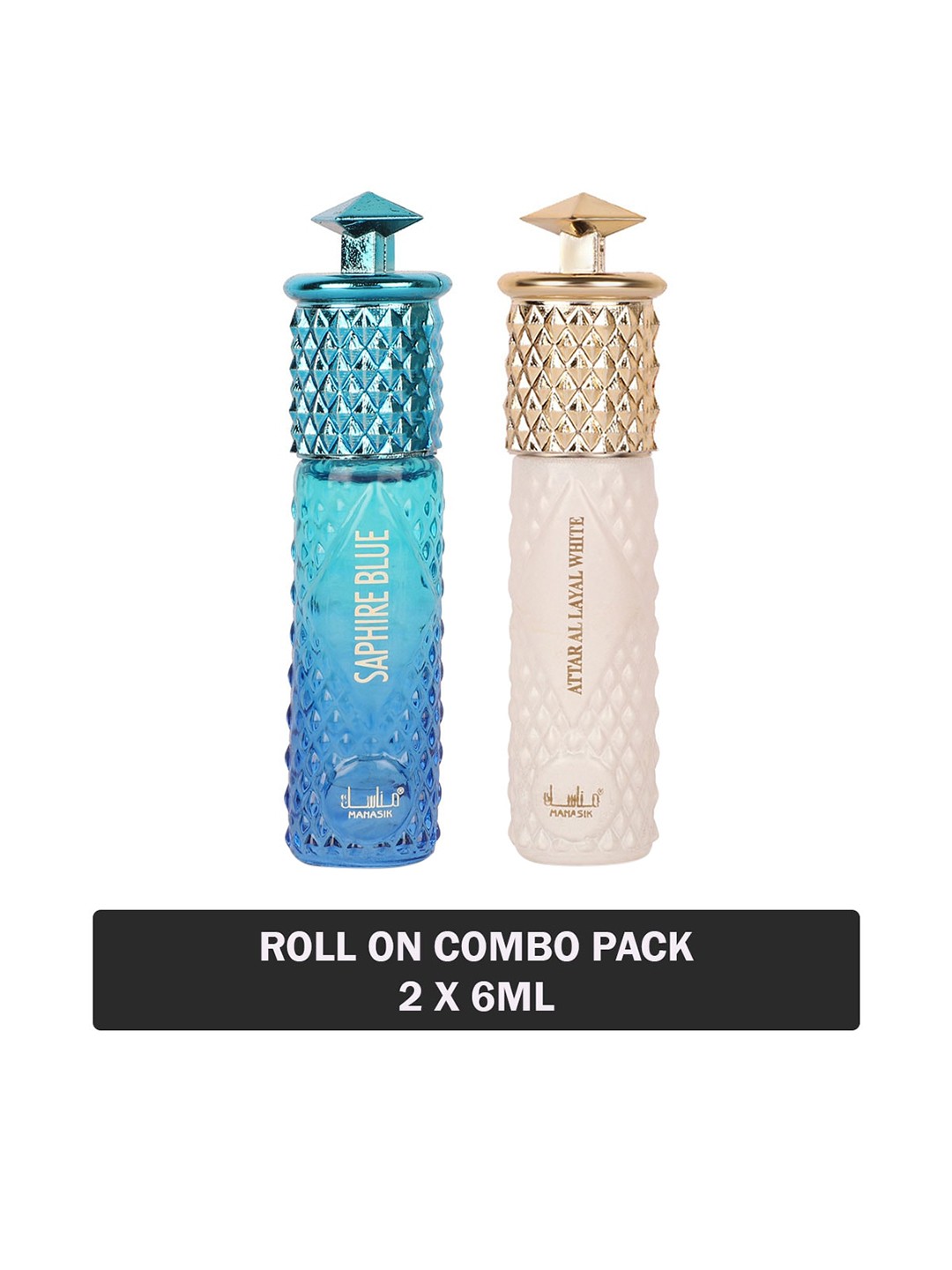 

MANASIK Set Of Saphire Blue & Al Layal White Long Lasting Attars - 6 ml Each