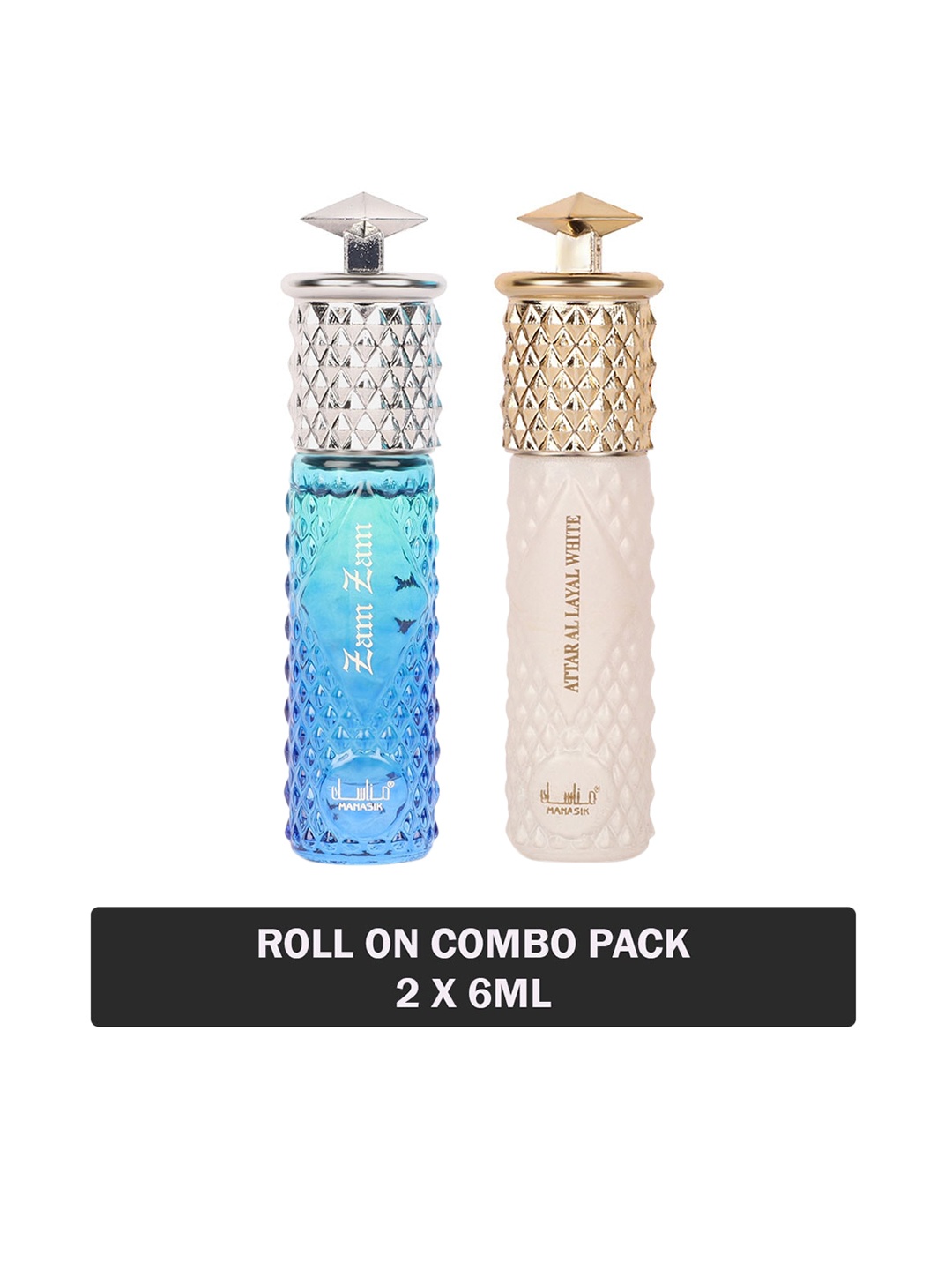 

MANASIK Set Of 2 Long Lasting Attars 6 ml Each - Zam Zam & Al Layal White, Blue