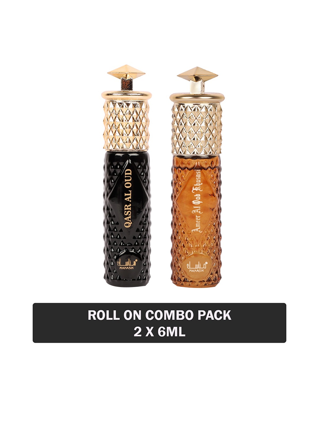 

MANASIK Set Of 2 Long Lasting Attars - 6 ml Each - Qasr Al Oud & Ameer Al Oud Khusns, Black