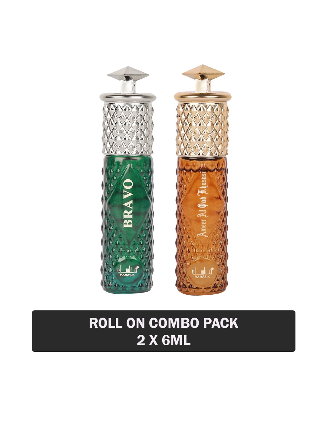 

MANASIK Set Of 2 Long-Lasting Roll-On Attars 6ml Each- Bravo & Ameer Al Oud Khusnsi, Green