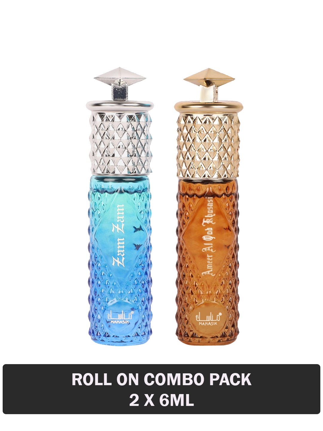 

MANASIK Set Of 2 Long-Lasting Roll-On Attars 6ml Each- Zam Zam & Ameer Al Oud Khusnsi, Blue