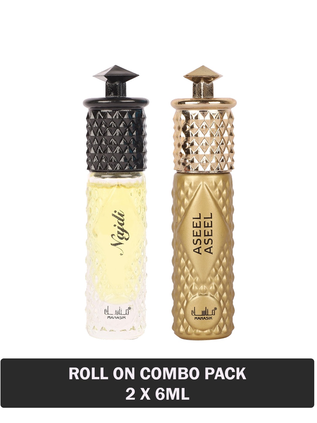 

MANASIK Set Of 2 Long-Lasting Roll-On Attars 6ml Each- Najdi & Aseel Aseel, Gold