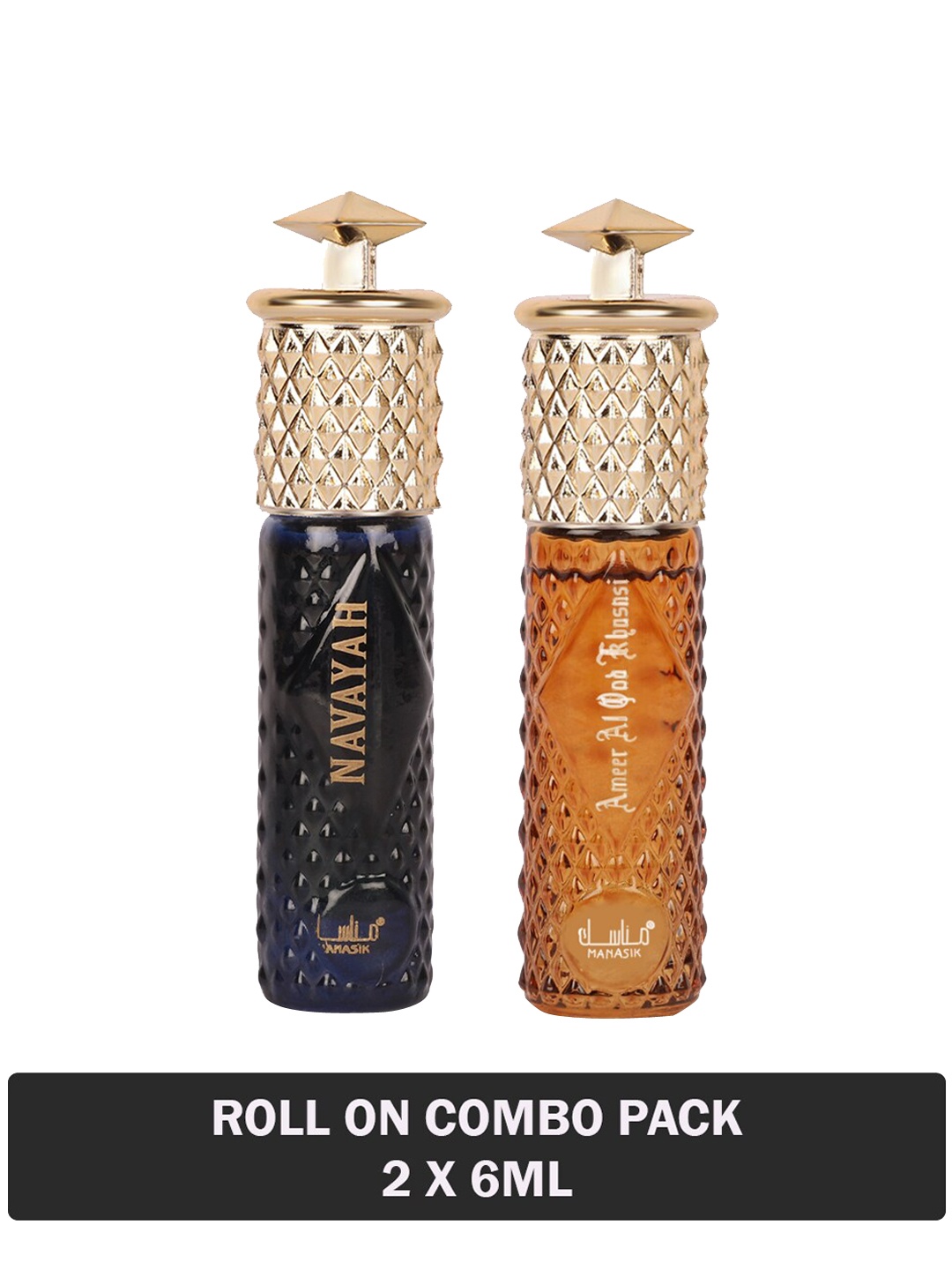 

MANASIK Set Of 2 Long-Lasting Roll-On Attars 6ml Each- Navayah & Ameer Al Oud Khusnsi, Blue