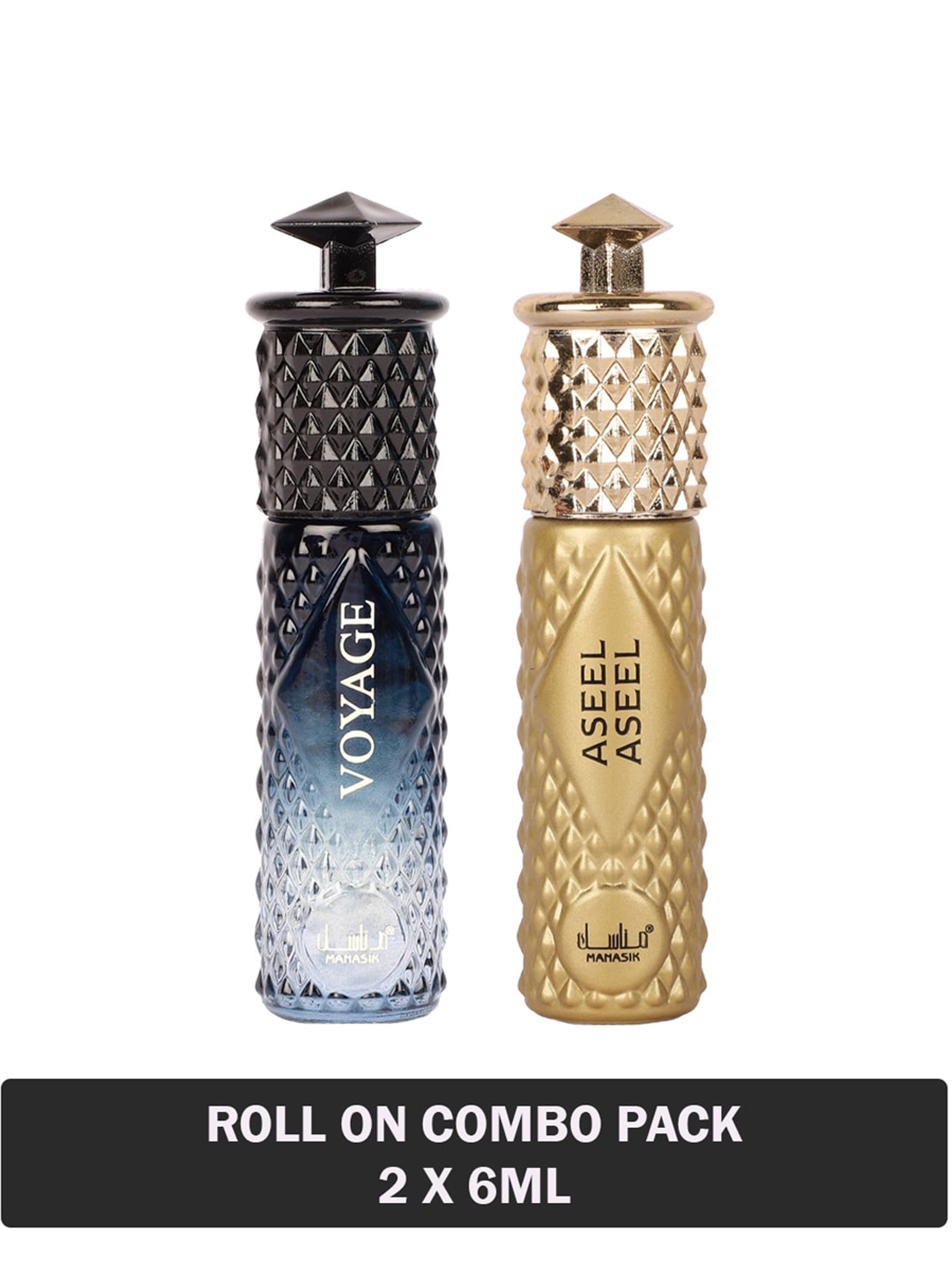 

MANASIK Men Set Of 2 Long-Lasting Roll-On Attars 6ml Each- Voyage & Aseel Aseel, Gold