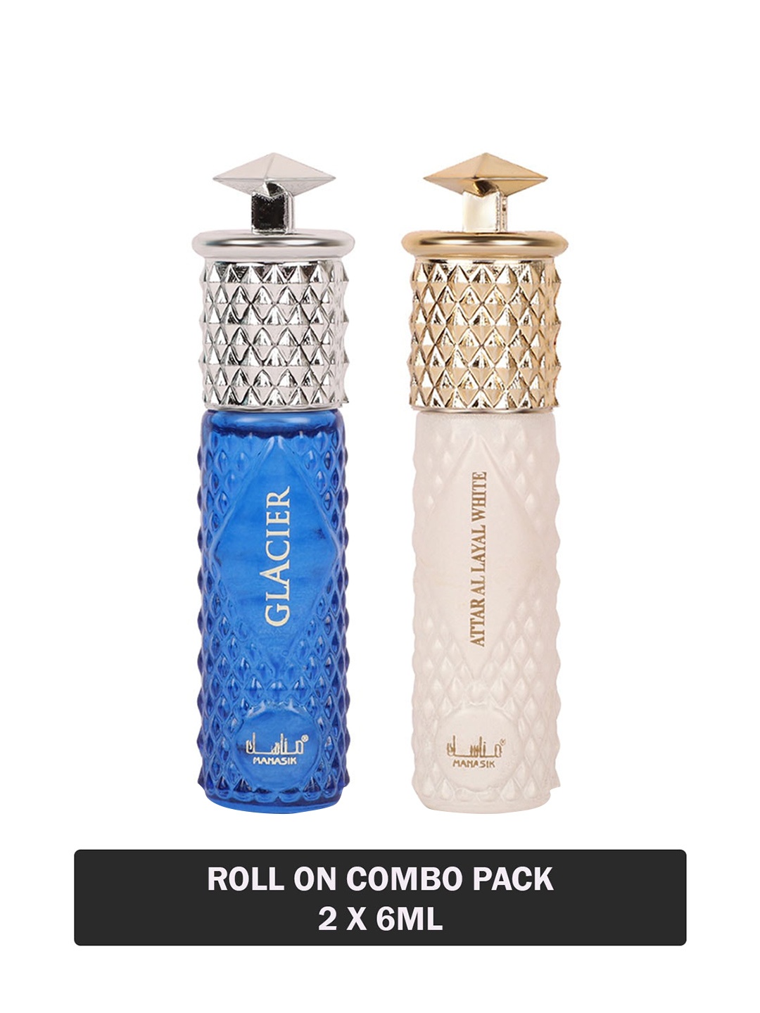

MANASIK Set Of 2 Long-Lasting Roll-On Attars 6ml Each- Glacier & Al Layal White, Blue