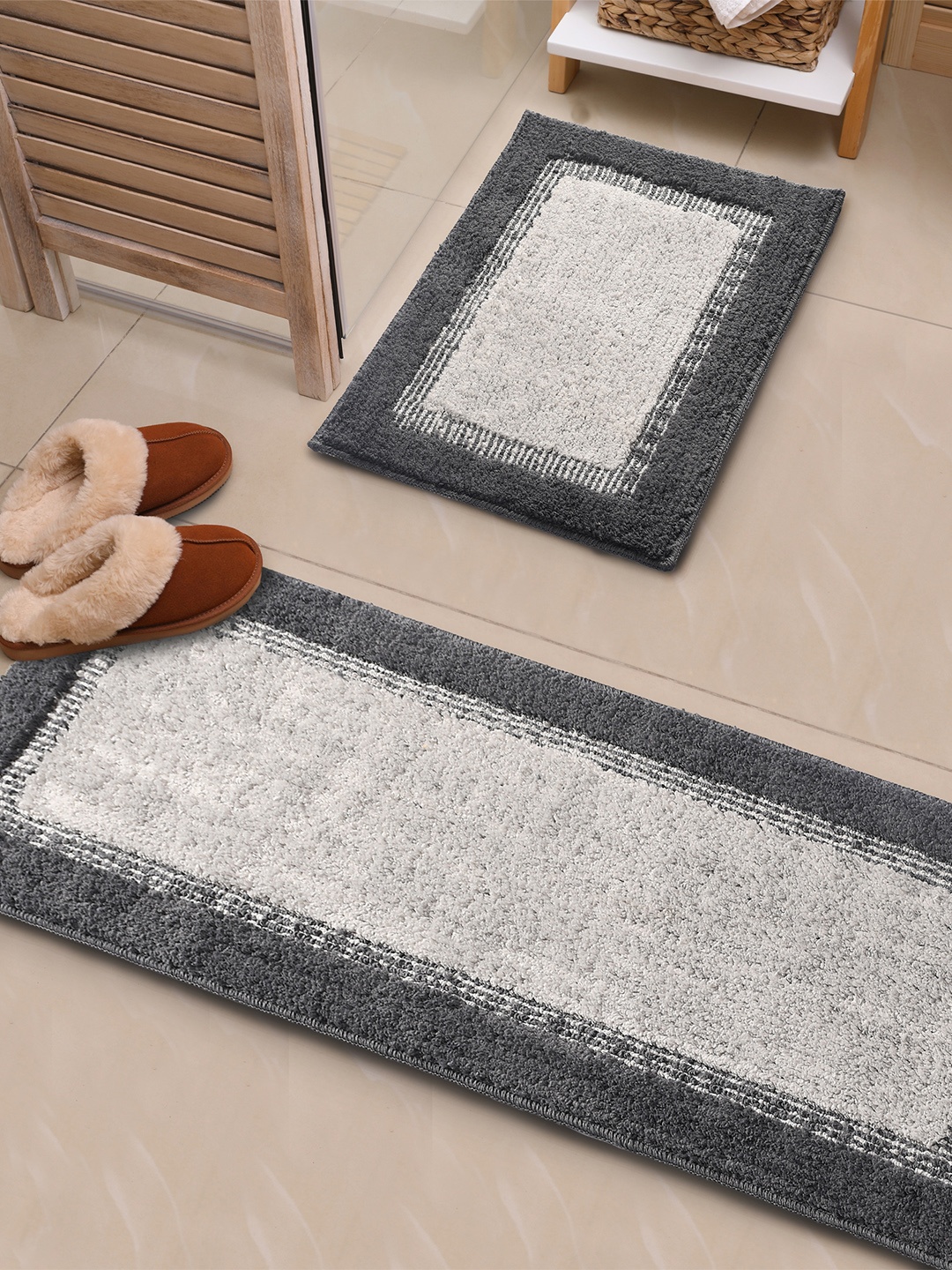 

Saral Home Elyesse 2-Pcs Off-White & Grey Self-Design Antiskid Runner & Bathmat