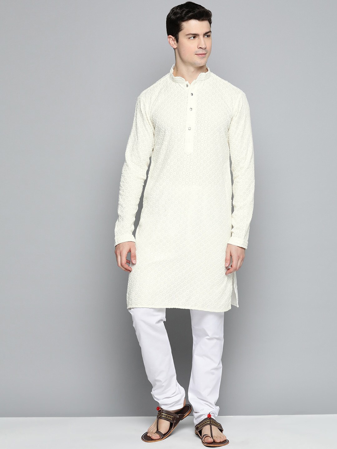 

Jompers Floral Embroidered Sequinned Pure Cotton Kurta with Churidar, Cream