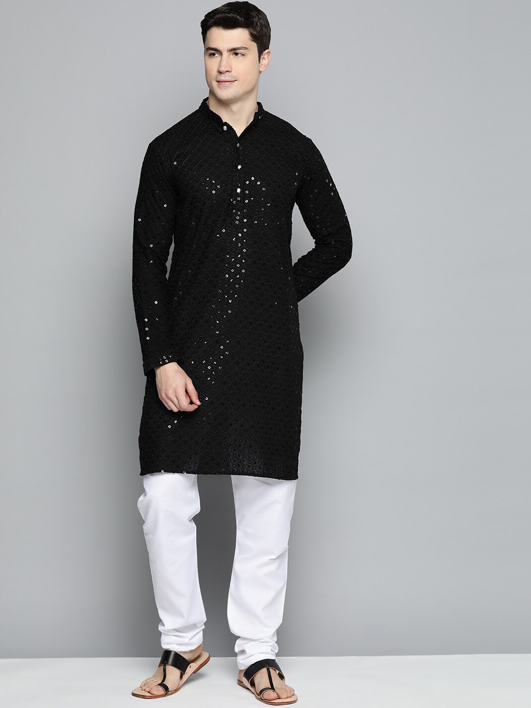 

Jompers Floral Embroidered Sequinned Pure Cotton Kurta with Churidar, Black