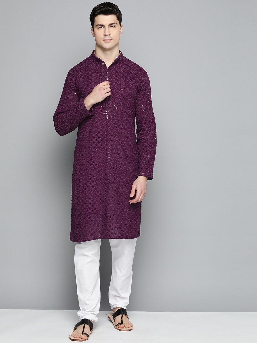 

Jompers Floral Embroidered Sequinned Pure Cotton Kurta with Churidar, Purple