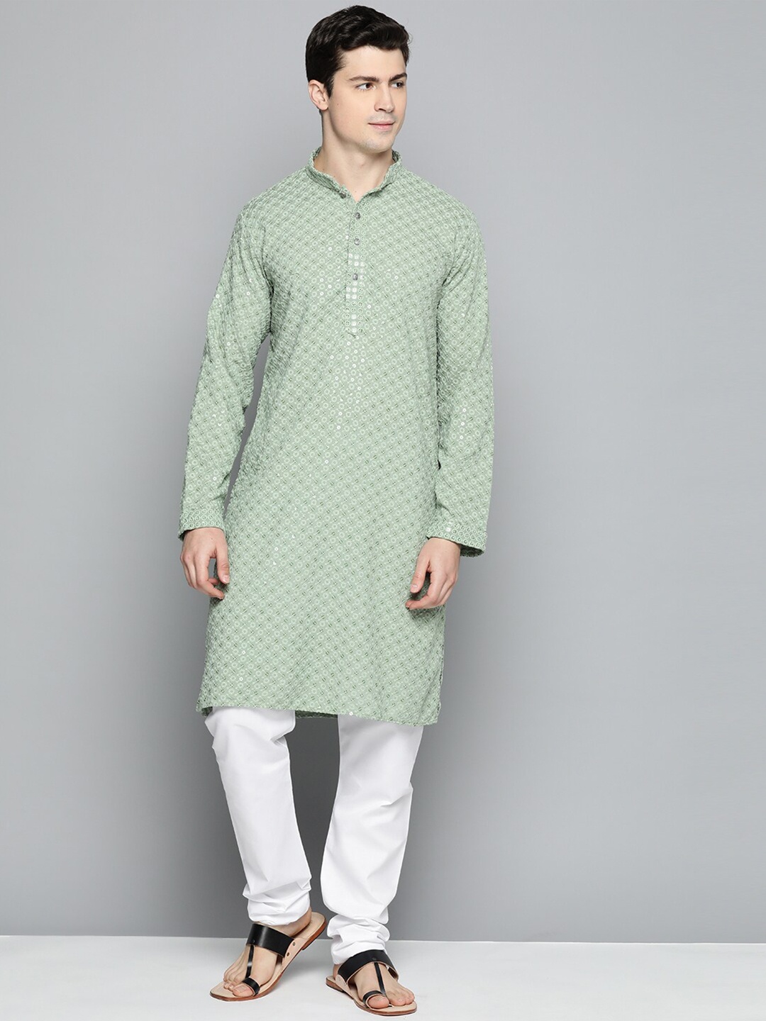 

Jompers Floral Embroidered Sequinned Pure Cotton Kurta with Churidar, Green