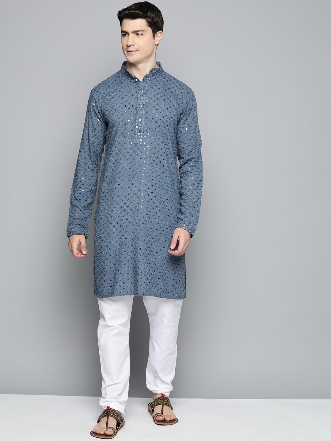 

Jompers Floral Embroidered Sequinned Pure Cotton Kurta with Churidar, Grey