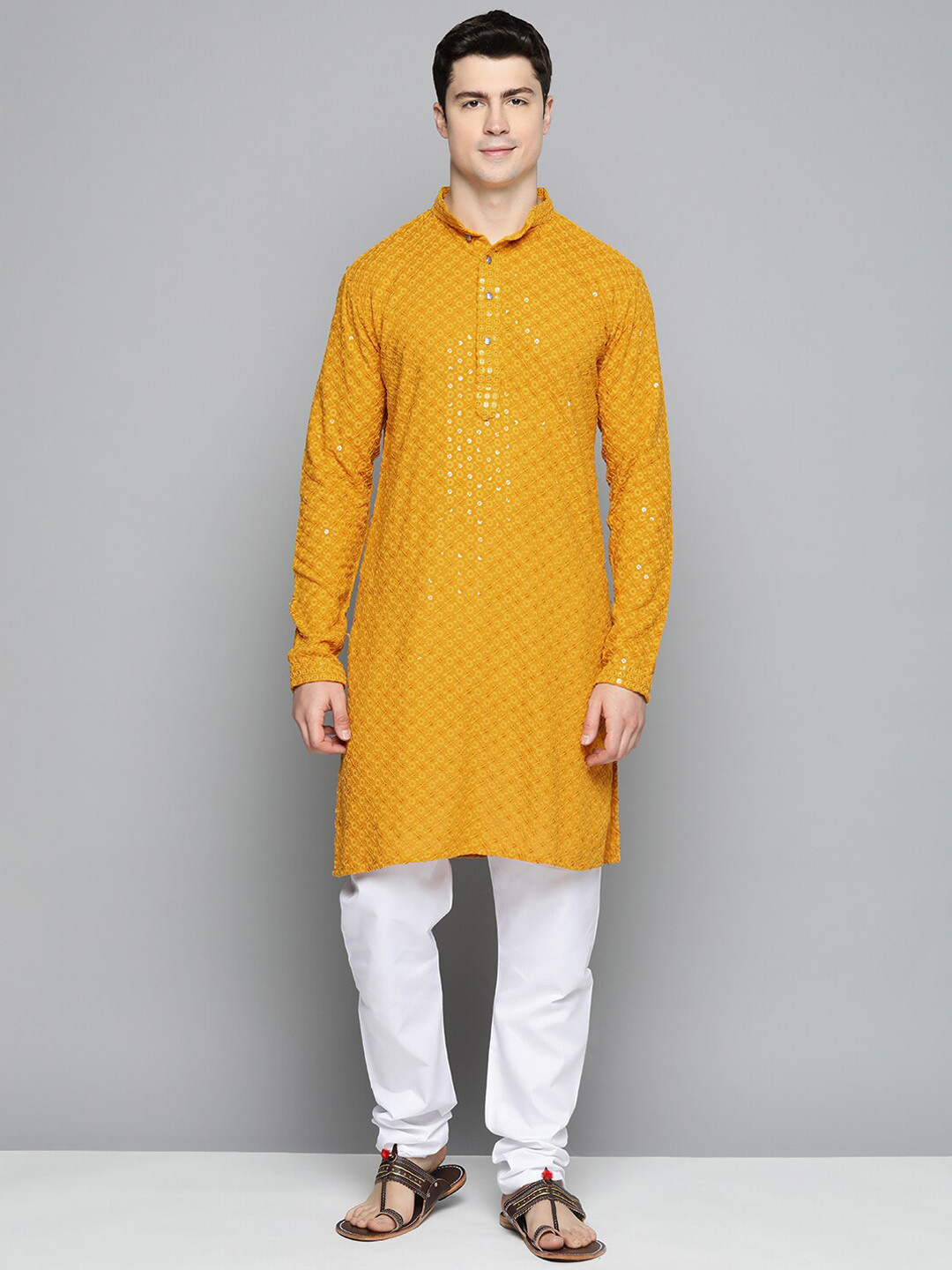 

Jompers Embroidered Regular Sequinned Pure Cotton Kurta with Churidar, Mustard