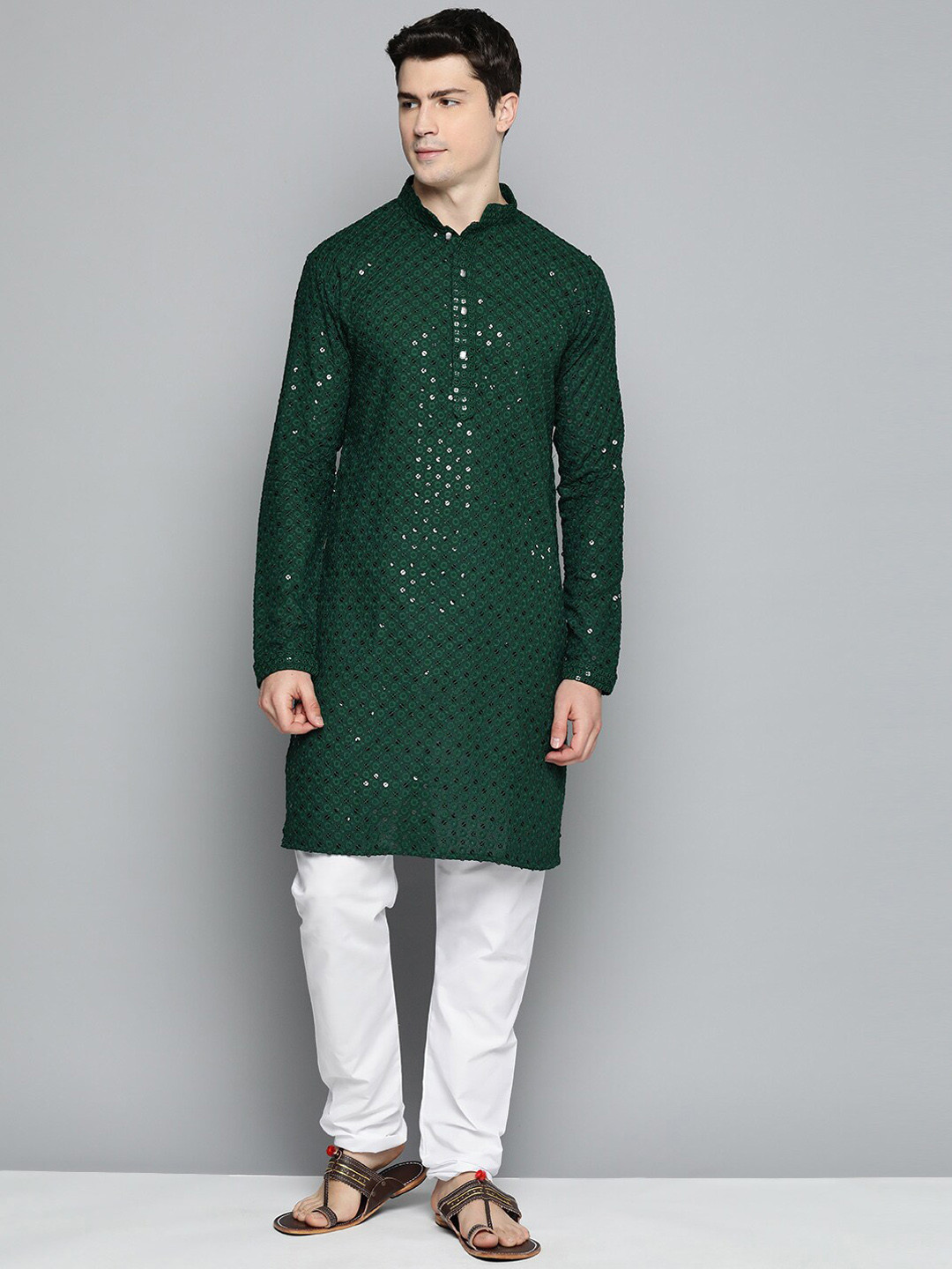 

Jompers Floral Embroidered Sequinned Pure Cotton Kurta with Churidar, Green