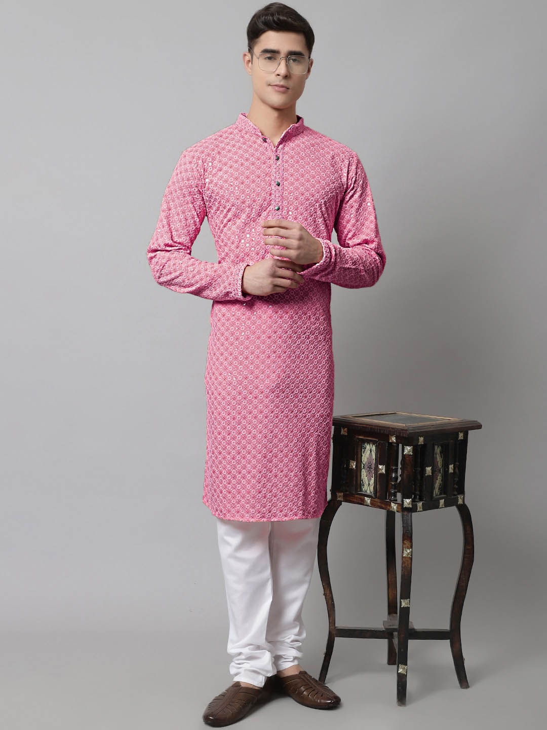 

Jompers Floral Embroidered Sequinned Pure Cotton Kurta with Churidar, Pink