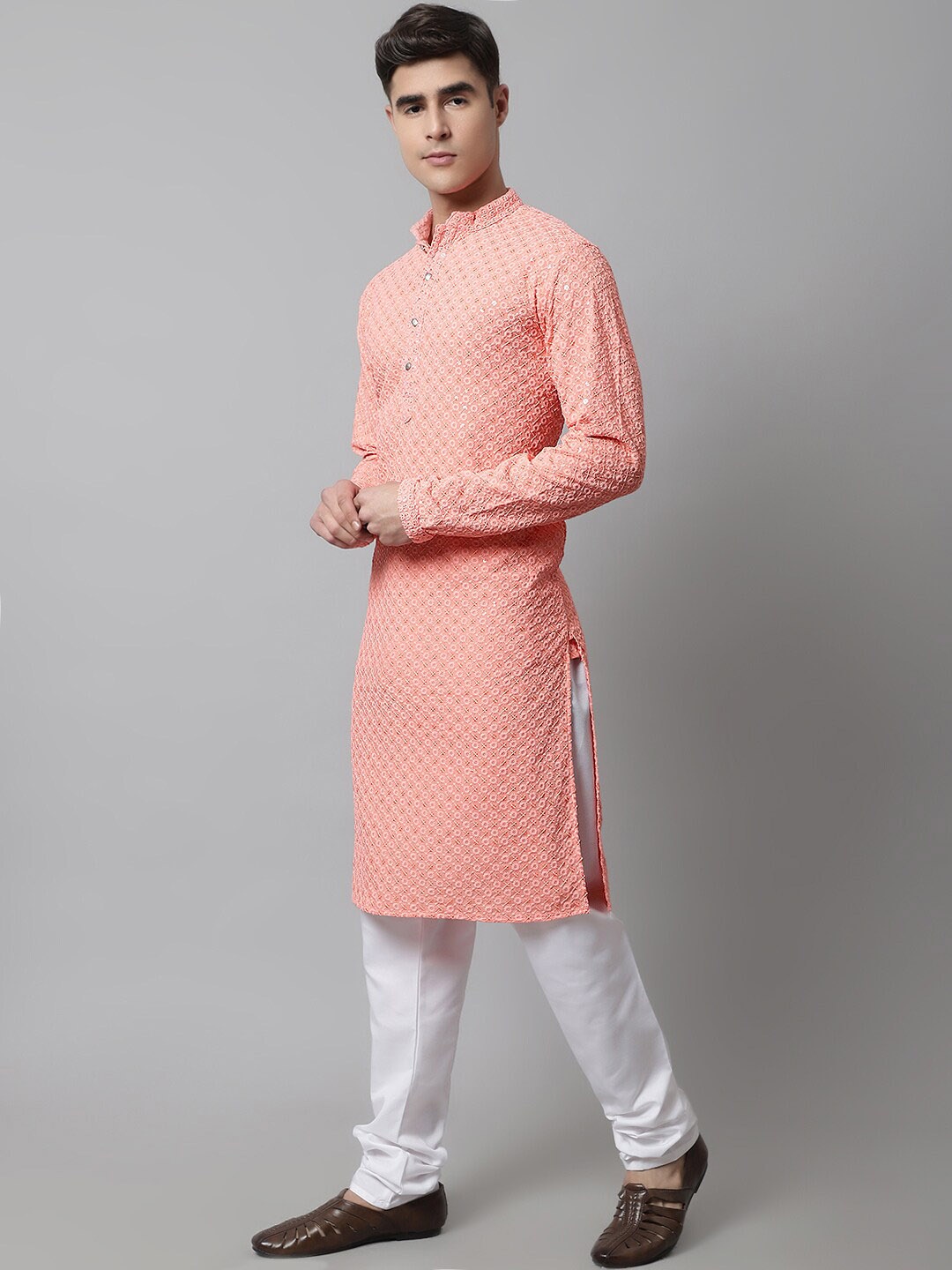 

Jompers Floral Embroidered Sequinned Pure Cotton Kurta with Churidar, Peach