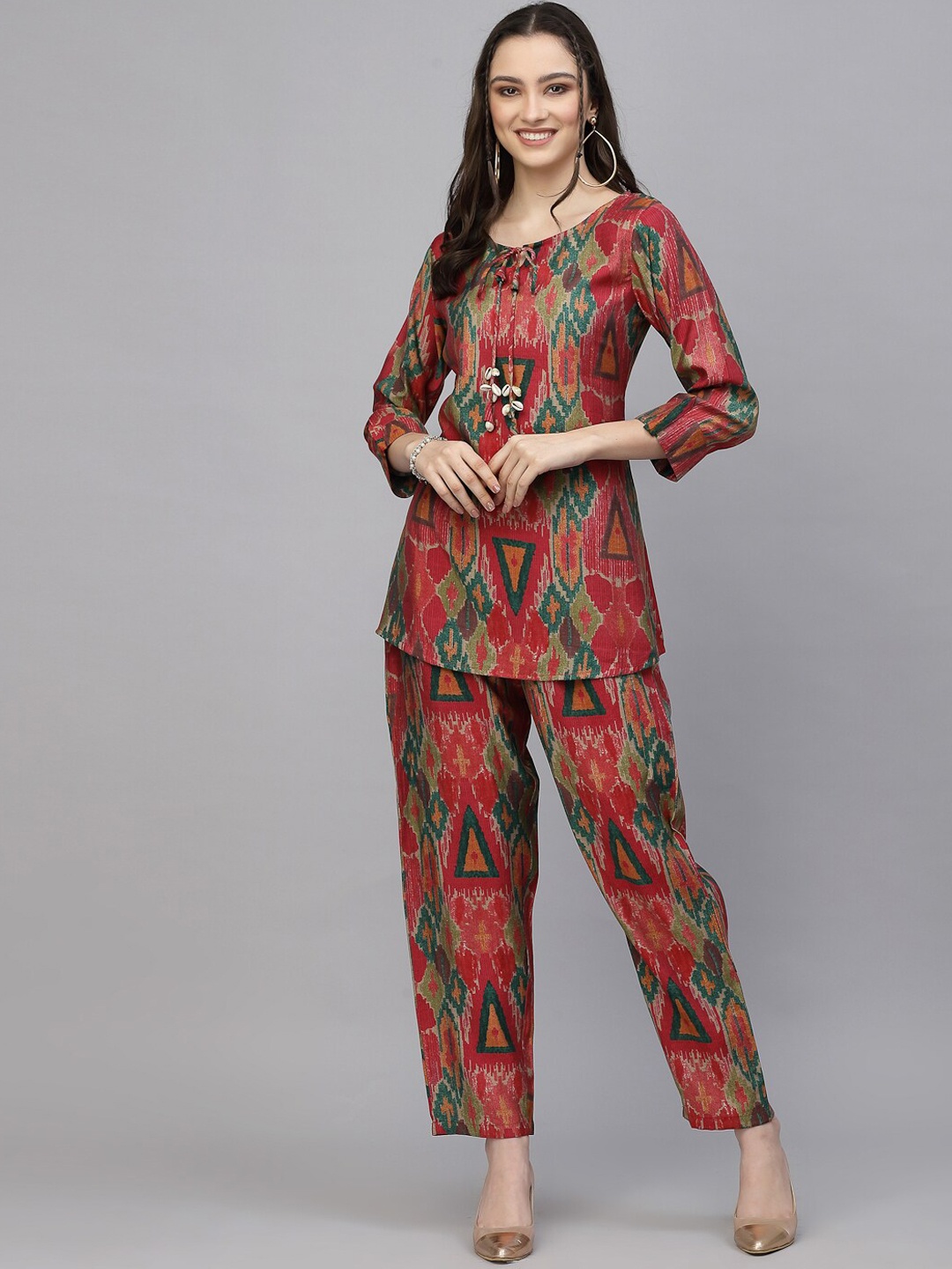 

Sangria Printed Tunic With Trousers Co-Ords, Red