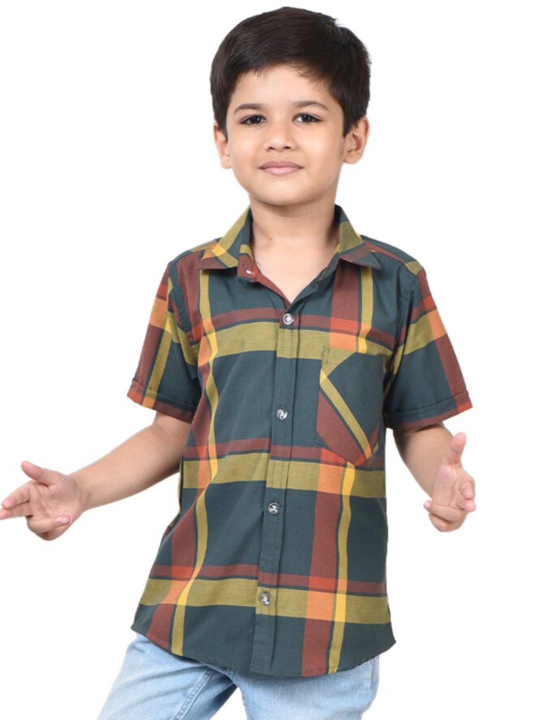

POMY & JINNY Boys Comfort Shepherd Checks Checked Cotton Casual Shirt, Green
