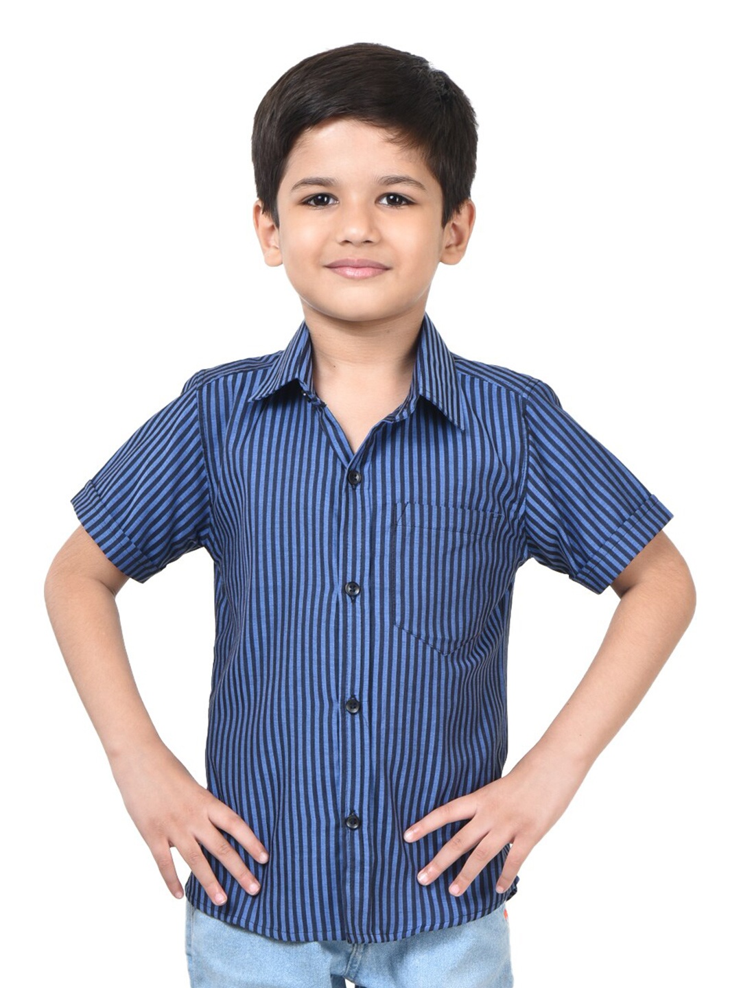 

POMY & JINNY Boys Comfort Vertical Stripes Striped Cotton Casual Shirt, Navy blue