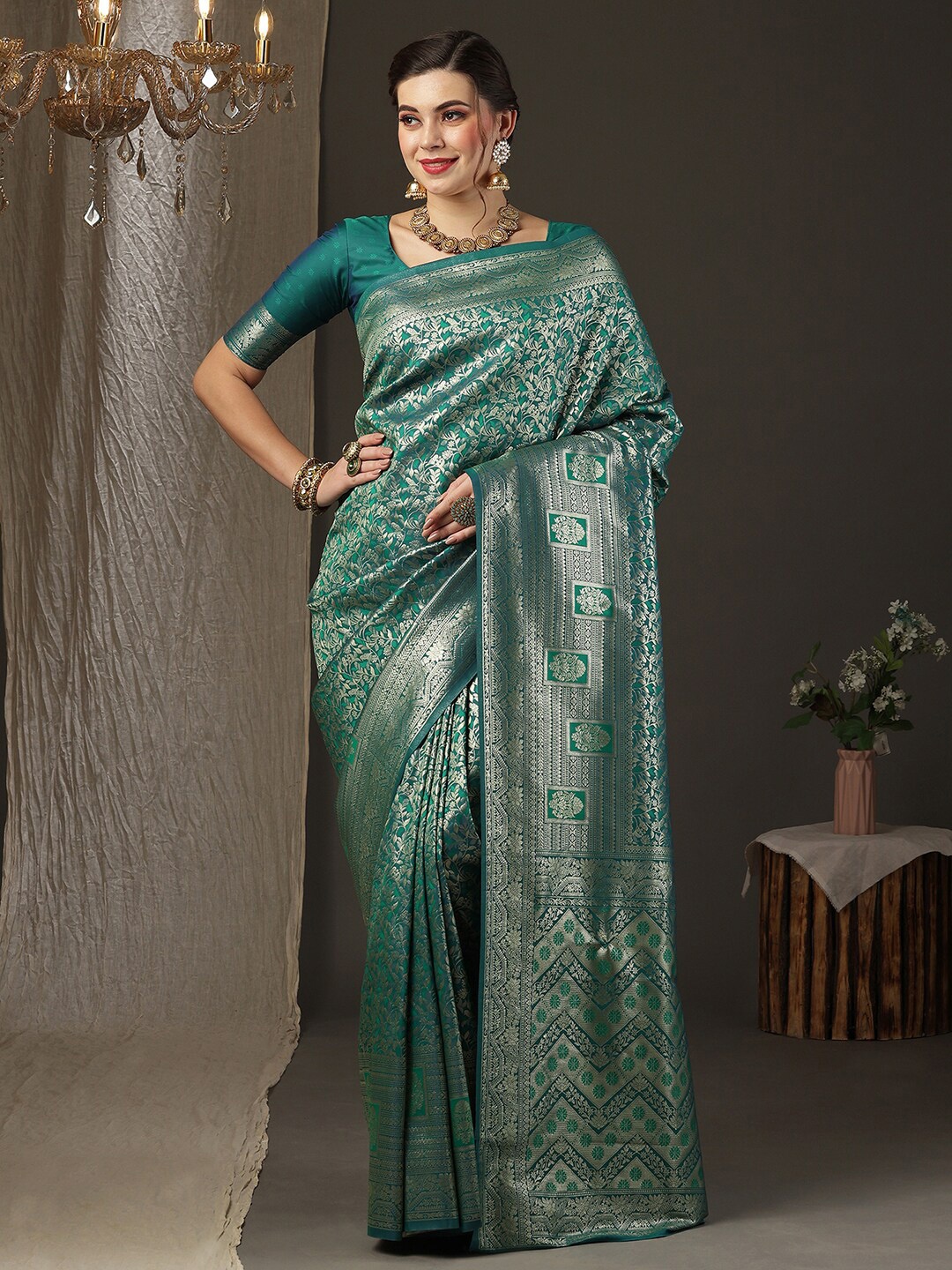 

Anouk Floral Woven Design Zari Silk Blend Kanjeevaram Saree, Teal