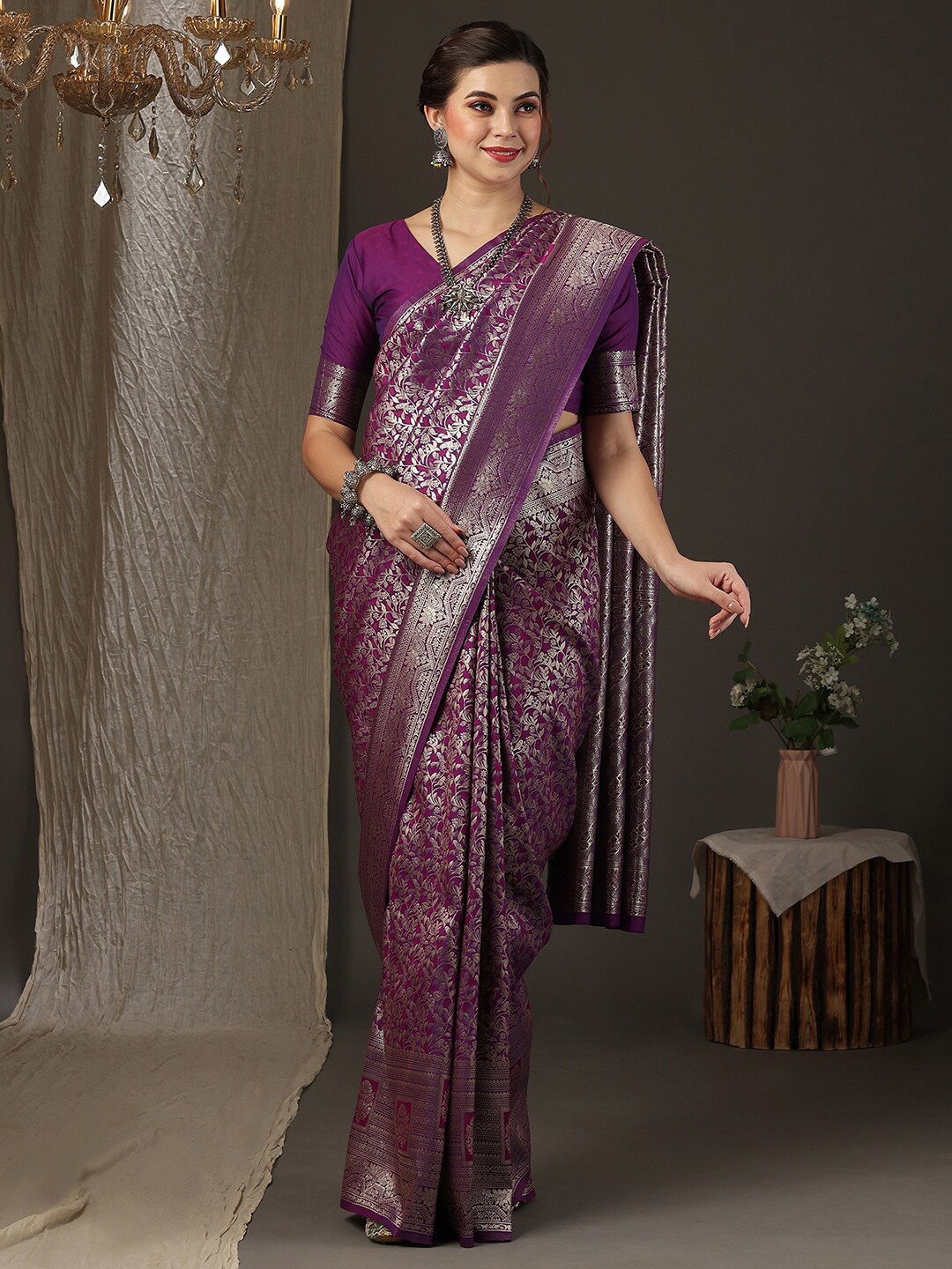 

Anouk Floral Woven Design Zari Silk Blend Kanjeevaram Saree, Purple